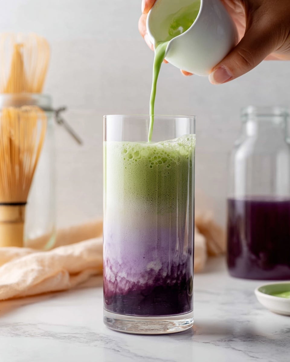 A tall clear glass shows a three-layered drink on a white marbled surface, starting with a deep purple layer at the bottom with a smooth texture, a thick pale lavender layer in the middle that looks creamy and slightly frothy, and a fresh light green layer on the top that is liquid and being poured from a small white cup held by a woman's hand. The background is softly blurred white with a bamboo whisk and glass jar on the left and a clear bottle with dark purple liquid on the right. Photo taken with an iphone --ar 4:5 --v 7