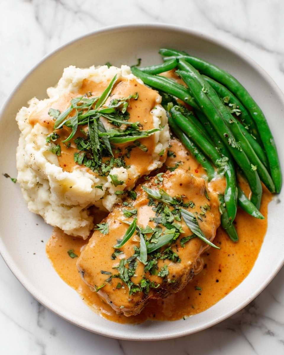 A white plate holds three main parts: mashed potatoes on the left with a creamy light beige color, topped with a light orange creamy sauce and specks of black pepper; next to it, a piece of meat covered in the same light orange sauce, sprinkled with fresh, thinly sliced green herbs on top; on the right, a group of bright green beans with a smooth texture, drizzled lightly with the same orange sauce. The plate rests on a white marbled surface. photo taken with an iphone --ar 4:5 --v 7