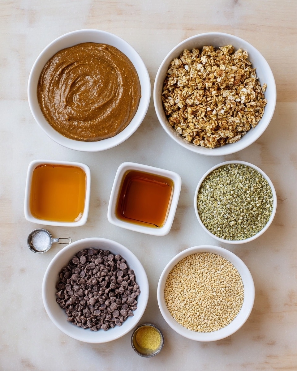 Seven white bowls and a metal measuring cup are arranged on a white marbled surface. The top left bowl holds a thick brown almond butter with a smooth texture. Next to it, a bowl filled with crunchy golden-brown granola sits at the top center. On the top right, a bowl contains pale green hemp seeds with a slightly coarse texture. Below the almond butter, a small bowl has clear amber honey, and beside it, a smaller square bowl holds darker amber maple syrup. Below the granola, a bowl is filled with small, dark brown chocolate chips. Near the bottom center, a metal measuring cup contains a fine, yellowish powder. On the bottom right, a bowl is filled with tiny, light beige sesame seeds. photo taken with an iphone --ar 4:5 --v 7