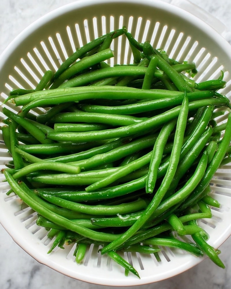 A white colander filled with many bright green, fresh green beans that have a smooth, shiny texture. The green beans are stacked unevenly, some lying straight, others slightly curved, covering the entire colander. The colander has long vertical slits that contrast with the smooth, glossy green beans inside. The background is a white marbled texture. photo taken with an iphone --ar 4:5 --v 7