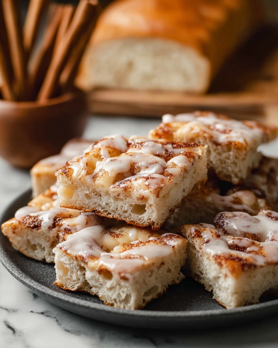 A dark grey plate holds several square pieces of light beige focaccia bread with a spongy texture and visible air holes. Each piece is topped with a layer of golden brown cinnamon swirls that appear slightly raised and sticky, covered with a light drizzle of white icing that glistens on the top surface. The bread pieces are scattered casually, some overlapping each other. In the softly blurred background, there is a bowl with light brown sticks and a loaf of bread. The surface beneath the plate is a white marbled texture. photo taken with an iphone --ar 4:5 --v 7