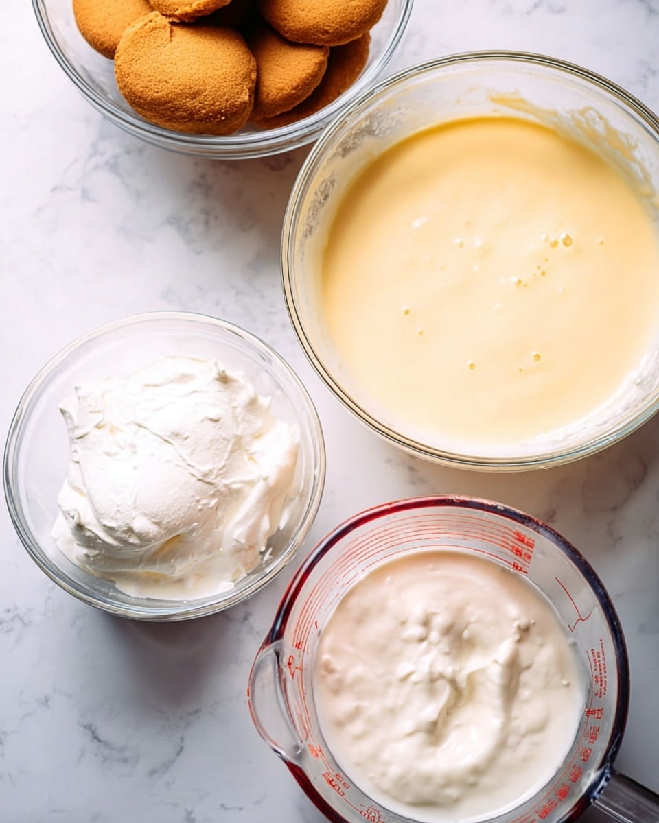 The image shows four clear glass bowls placed on a white marbled surface. The top right bowl contains a creamy, smooth yellow mixture with a few small bubbles on its surface. To the bottom right is a measuring cup with red markings filled with a thick, white creamy liquid with some uneven texture on top. The bottom left bowl holds a fluffy white whipped substance with some soft peaks visible. In the top left corner, a bowl filled with round, golden-brown cookies or biscuits is partially visible. The photo taken with an iphone --ar 4:5 --v 7