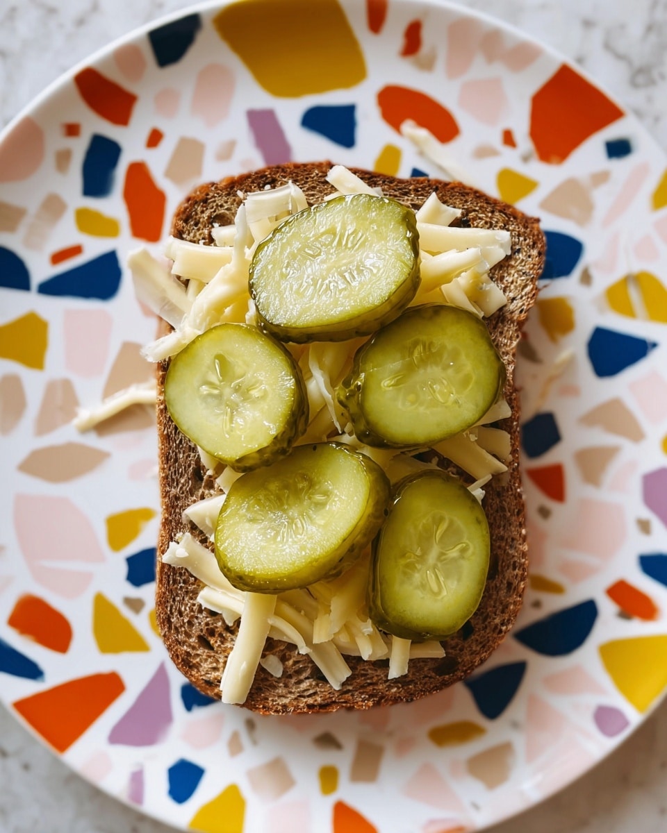 A slice of dark brown bread forms the base layer, topped with a layer of pale yellow shredded cheese, with its thin strips spread unevenly across the bread. On top, there are several round, green pickles with glossy, wet textures and lighter inner sections, arranged closely together covering most of the cheese. The sandwich is placed on a white plate with a colorful speckled pattern made of orange, mustard yellow, blue, and pink shapes scattered around the edges. The background shows a white marbled surface. photo taken with an iphone --ar 4:5 --v 7