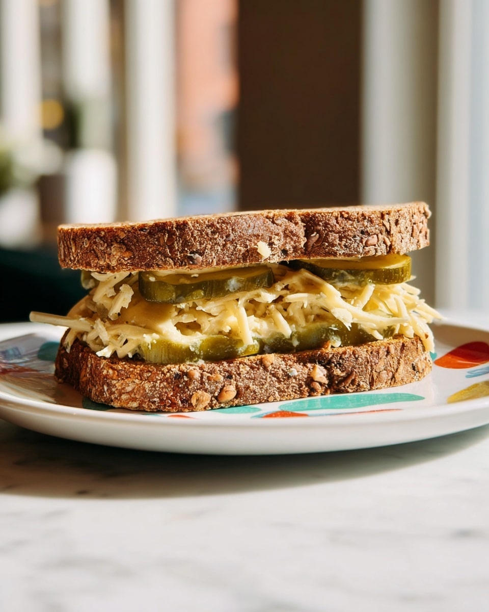 A sandwich on a white plate with colorful abstract shapes, resting on a white marbled surface, shows two thick slices of brown bread with a rough, crunchy crust. Inside, there are two visible layers: a base layer of pale yellow shredded cheese and a middle layer of green pickle slices, slightly overlapping each other. Some shredded cheese sticks out from the sides, giving the sandwich a soft, textured look. The background is softly blurred with warm light coming through a window. Photo taken with an iphone --ar 4:5 --v 7