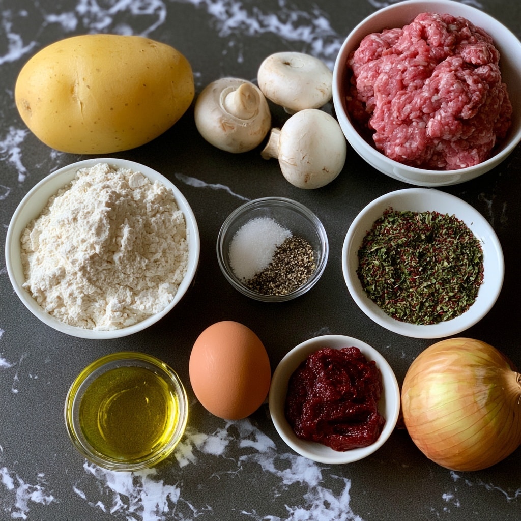 The image shows raw cooking ingredients arranged on a dark surface with a white marbled texture in the background. There is one large yellow potato in the top left corner, three white mushrooms next to it on the right, and a white bowl with pink raw ground meat at the top right. Below the potato, there is a white bowl filled with white flour, a small clear glass bowl with a mix of white salt and black pepper in the middle, and a white bowl with green and red dried herbs to the right of the spice bowl. Near the bottom are a small clear bowl filled with yellow oil on the left, a small clear bowl on the right with dark red tomato paste, a single brown egg near the center-right, and one large yellow-brown onion on the bottom right. All ingredients are spread out clearly and are unmixed. Photo taken with an iphone --ar 4:5 --v 7