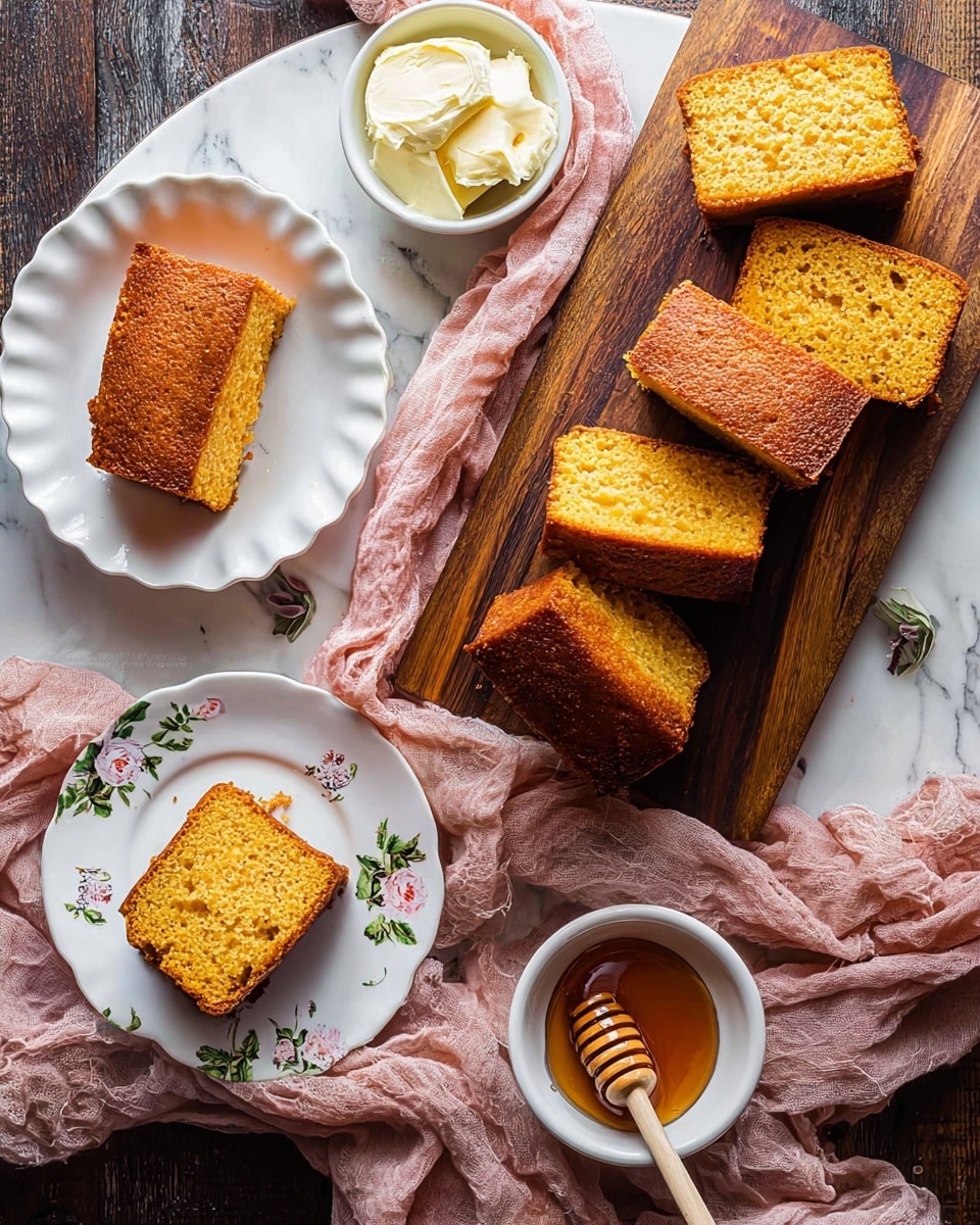 The image shows several golden brown slices of cornbread with a slightly crispy top and soft, crumbly inside. On the left side, three rectangular pieces rest in a white scalloped plate. In the center, a wooden board holds five more slices, one of which has a small dollop of butter on top on a white plate with small flower designs. Above the board is a small white bowl with creamy butter, and below is another white bowl filled with amber honey and a honey dipper resting inside. A light pink, slightly wrinkled cloth drapes around the board. The whole scene is set on a dark wood texture surface replaced with a white marbled one. Photo taken with an iphone --ar 4:5 --v 7