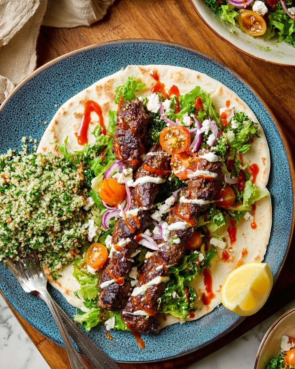 A white flatbread is spread out on a speckled blue plate over a white marbled surface, topped with two dark brown grilled meat skewers running diagonally. On top of the meat and flatbread, there is a layer of green lettuce mixed with halved red and orange cherry tomatoes and thin slices of purple onion. White dollops of creamy sauce and small crumbled white cheese pieces are scattered across, with drizzles of red sauce adding contrast. On the bottom left side of the plate, a portion of green tabbouleh salad with chopped parsley, bulgur, and cherry tomatoes complements the dish. A lemon wedge sits at the bottom right corner. A silver fork rests on the left side of the plate, and in the background, a white bowl with more tabbouleh salad and a plate with lemon slices sit on a wooden table. Photo taken with an iphone --ar 4:5 --v 7