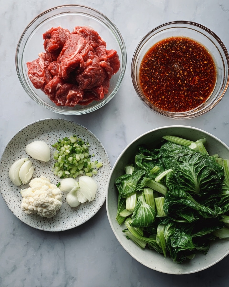 The image shows four white dishes on a white marbled surface. At the top left, there is a clear glass bowl filled with raw red meat slices. To the right, a clear glass bowl contains a thick reddish-brown sauce with visible spices and small bits. Below the meat bowl, a white speckled plate holds two sections: one with small white garlic pieces and the other with sliced white onion rings. At the bottom right, a large white bowl is filled with fresh, chunky green leafy vegetables and chopped green stems. Photo taken with an iphone --ar 4:5 --v 7