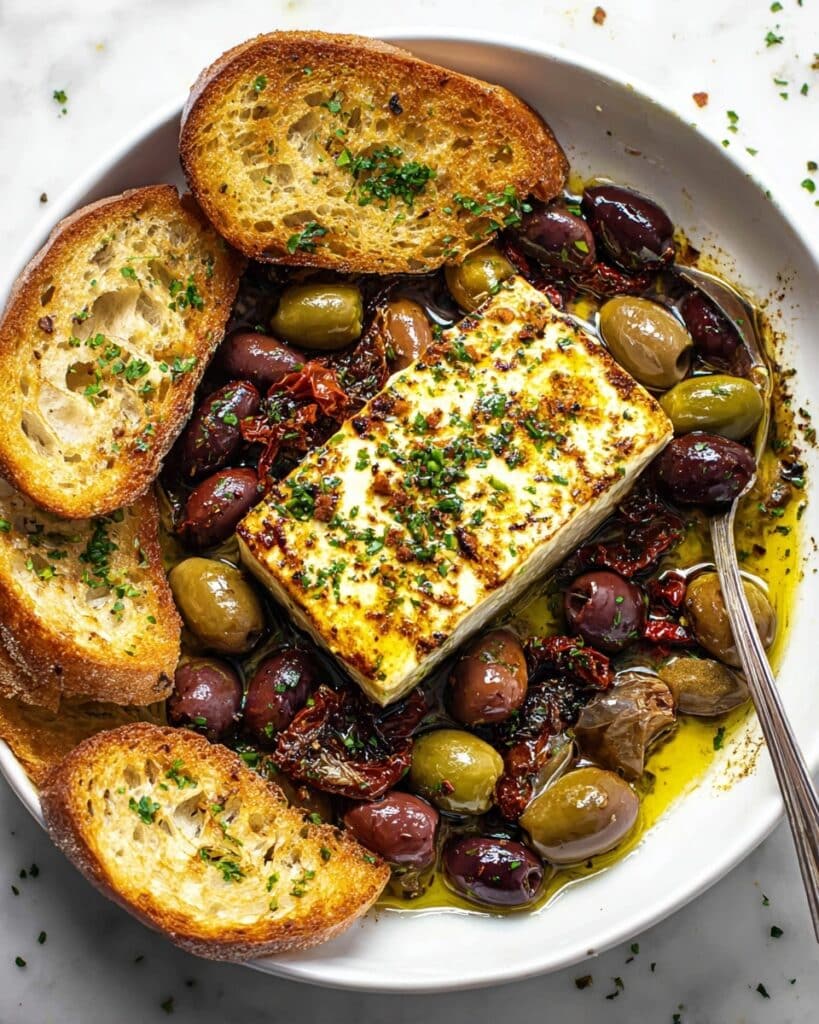 Baked Feta with Olives, Sun-Dried Tomatoes, and Herbs Recipe
