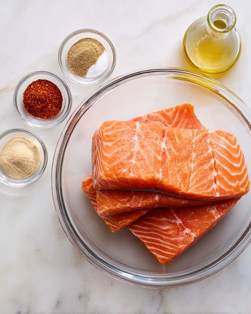 A large clear glass bowl holds four thick salmon fillets stacked unevenly, showing bright orange flesh with white lines of fat running through them. To the left, a small clear glass bowl contains four separate piles of spices in shades of red, beige, white, and black, arranged like a circle. Above this bowl is a small clear glass bottle with a narrow spout, filled with pale yellow oil. All items rest on a white marbled surface, giving a clean and bright kitchen feel. Photo taken with an iphone --ar 4:5 --v 7