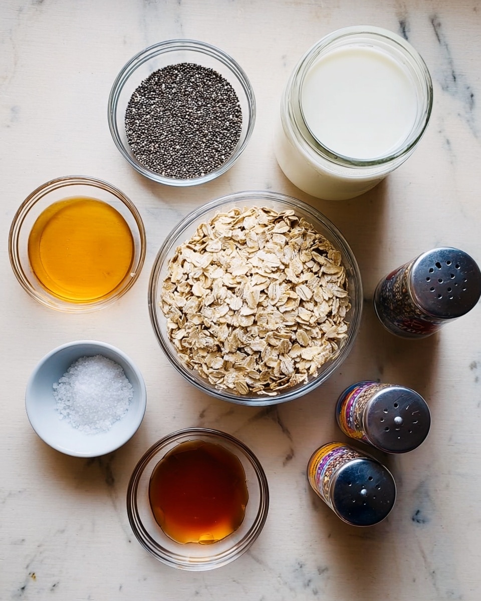 This image shows six clear glass bowls and one small white bowl arranged on a white marbled surface. In the center is a medium-sized clear bowl filled with light beige rolled oats, with a slightly rough texture. Above it to the left is a smaller clear bowl filled with tiny, black chia seeds that have a grainy texture. To the right of the oat bowl, a tall glass jar is filled with white liquid, likely milk. Below the chia seeds is a small clear bowl holding a dark amber liquid with a smooth surface. Below the oats and to the left is a small white bowl filled with coarse white salt crystals. Near the bottom left corner is another small clear bowl with a dark amber liquid, similar to the one above. On the right edge are two spice grinders with dark caps and colorful labels. Everything sits on a clean white marbled texture. Photo taken with an iphone --ar 4:5 --v 7