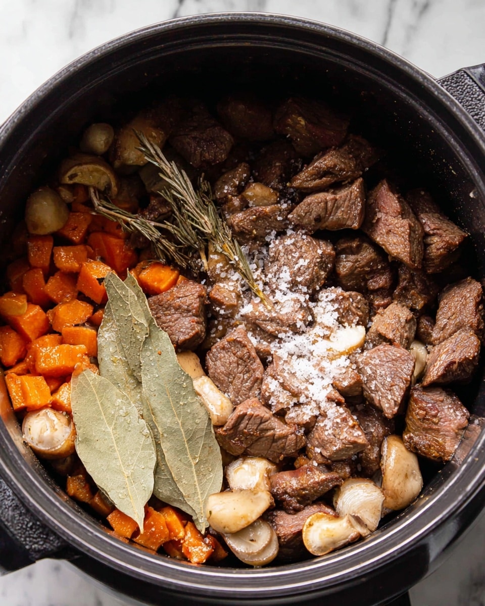 Inside a black pot, there are several layers of cooked ingredients. The bottom layer has small orange carrot cubes mixed with light brown mushroom pieces with a smooth texture. On top of that, there are browned chunks of beef with a slightly crispy surface. Scattered across the beef are light-colored minced garlic clumps and a few coarse white salt granules. Two large, dry green bay leaves rest on one side of the pot, adding a pop of muted green color. The background is a white marbled texture. Photo taken with an iphone --ar 4:5 --v 7