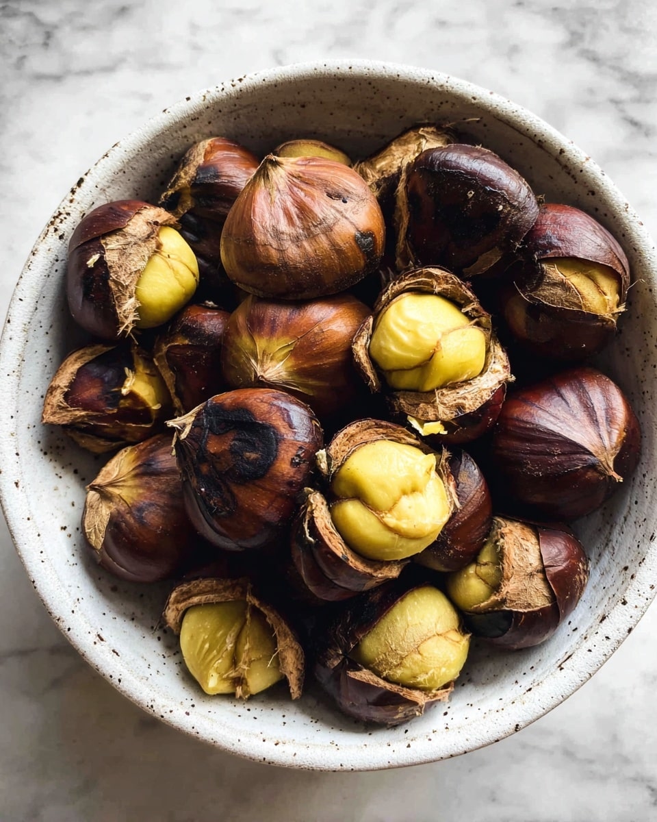 A round white speckled bowl filled with roasted chestnuts showing two layers: the outer dark brown shell cracked open unevenly revealing the inner yellowish soft nut with a slightly wrinkled texture; the chestnuts are piled irregularly inside the bowl with some charred bits on the shells, all placed on a white marbled surface, photo taken with an iphone --ar 4:5 --v 7