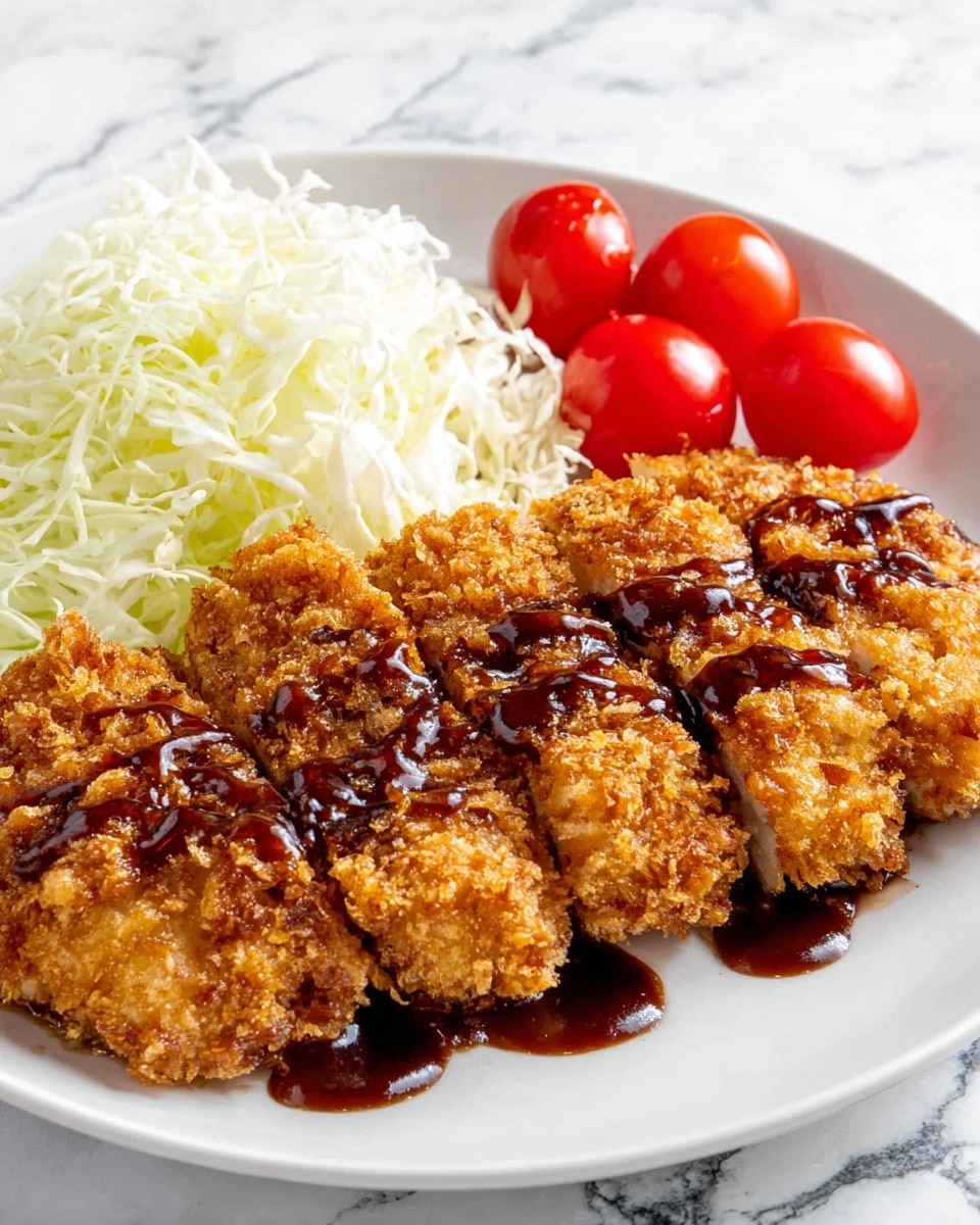 A white plate holds six pieces of golden-brown crispy fried chicken arranged in a row, each topped with a glossy dark brown sauce drizzled evenly down the center. To the left of the chicken, there is a small pile of thinly shredded white cabbage, and behind that, a cluster of bright red cherry tomatoes adds a pop of color. The plate sits on a white marbled surface. photo taken with an iphone --ar 4:5 --v 7