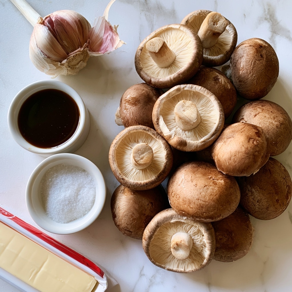 The image shows a group of brown mushrooms scattered on a white marbled surface, some facing up showing the light beige undersides. Near the top left, a whole garlic bulb with a few loose pinkish peel layers extends outward. Below the garlic, there are two small white bowls, one filled with dark brown Worcestershire sauce and the other with fine white salt. At the bottom left corner, a stick of pale yellow butter with red and white packaging lies flat on the surface. The entire scene is lit softly, highlighting the natural textures of the mushrooms and other ingredients. Photo taken with an iphone --ar 4:5 --v 7