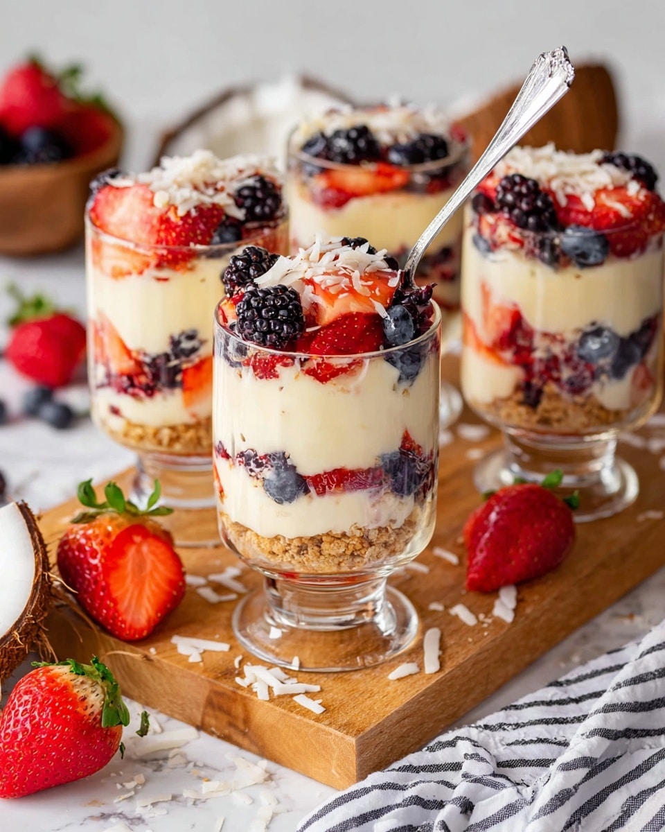 The image shows four clear glass dessert cups, each with three visible layers. The bottom layer is light brown, crumbly, and looks like crushed cookies or granola. The middle layer is creamy and pale yellow, looking smooth and thick. The next layer is made of mixed fresh berries, including red strawberries, dark blackberries, and blue blueberries, some sliced, some whole. These layers repeat, with more creamy yellow layers and berries on top. The dessert is finished with sliced almonds and white coconut flakes on the very top layer. The cups are placed on a light wooden board with a few fresh strawberries, a coconut half, and a white marbled surface as the background. One glass has a silver spoon sticking out from the top with a woman’s hand nearby. The setting includes a white and black striped cloth under the board. photo taken with an iphone --ar 4:5 --v 7