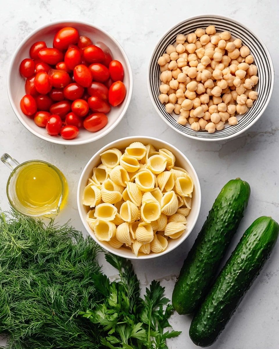 The image shows four main ingredients arranged on a white marbled surface. On the top left, a white bowl is filled with small, bright red cherry tomatoes. On the top right, a white bowl with black stripes contains light beige chickpeas. At the bottom left, a white bowl holds medium-sized, pale yellow shell pasta. In the center, there is a small glass jug with yellow liquid dressing inside. To the right of the jug, there are two long dark green cucumbers lying side by side. At the bottom right, fresh green dill and bright green parsley leaves are placed closely together. Photo taken with an iphone --ar 4:5 --v 7
