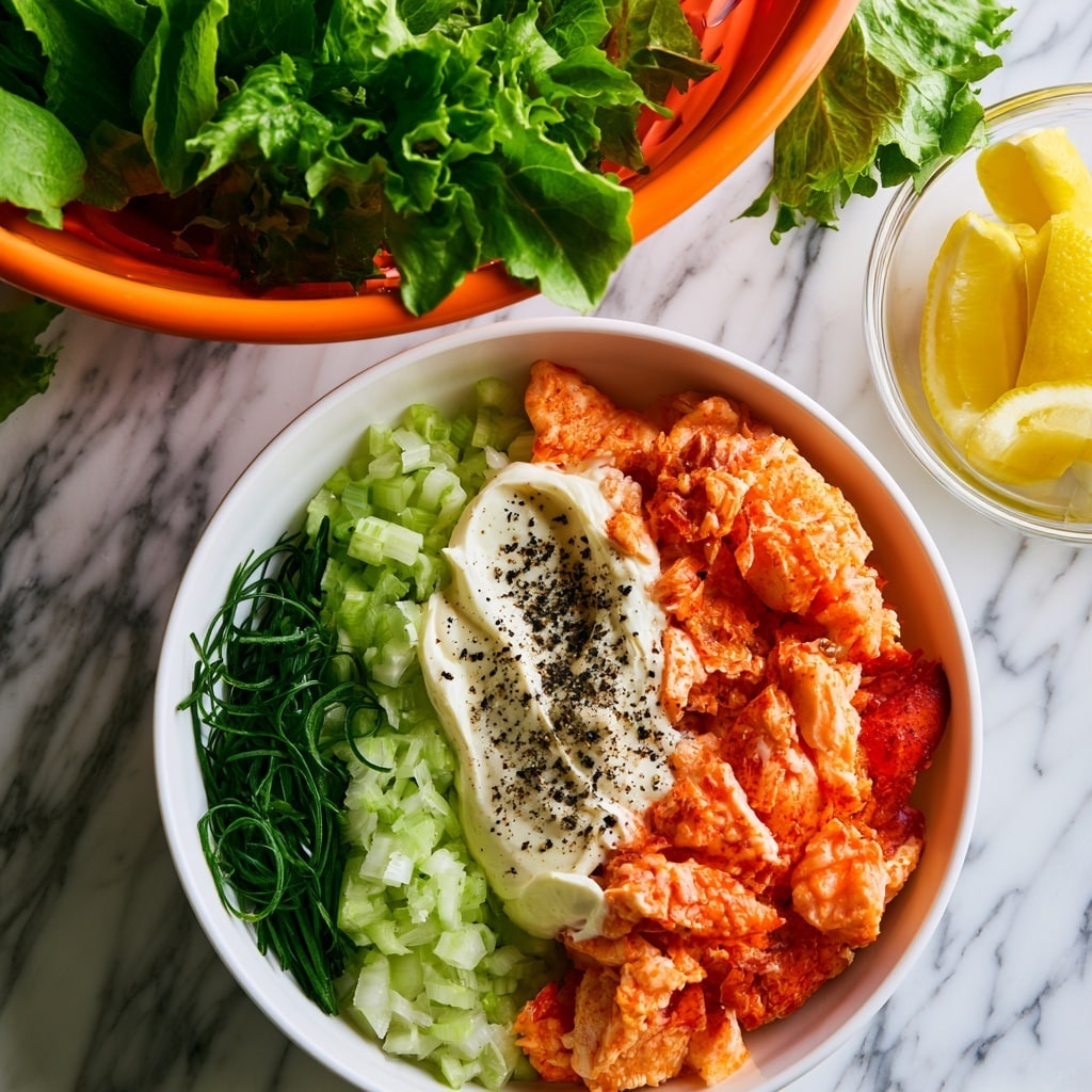 A white bowl on a white marbled surface holds five main layers arranged side by side: bright orange lobster meat with a firm texture on the right, smooth white mayo dolloped next to it with black salt and pepper sprinkled on top, finely chopped light green celery pieces to the left of the mayo, and fresh dark green chives in small thin slices on the far left. Above the bowl, an orange colander filled with large green lettuce leaves sits on the white marbled surface, and nearby is a small clear glass bowl containing bright yellow lemon wedges. photo taken with an iphone --ar 4:5 --v 7