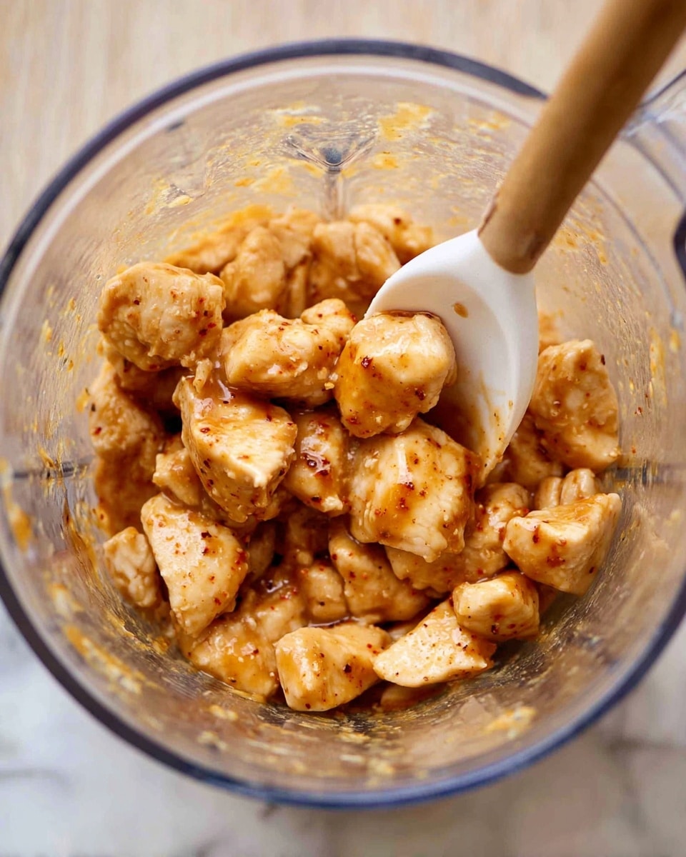 The image shows a close-up of a glass blender container filled with small, cooked pieces of light golden brown chicken with visible seasoning, all coated in a smooth, glossy, light brown sauce. A white spoon with a wooden handle is partially dipped into the mixture, scooping some chicken pieces. The background is a white marbled texture. photo taken with an iphone --ar 4:5 --v 7