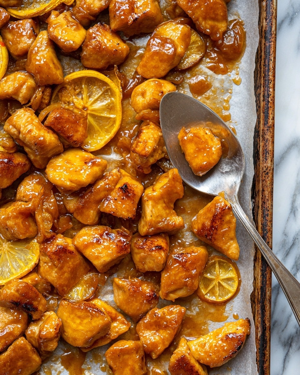 The image shows a metal baking tray lined with parchment paper covered in many pieces of cooked, golden brown chicken chunks glistening with a shiny orange-brown sauce. Interspersed among the chicken pieces are thin slices of cooked yellow lemon, some slightly caramelized on the edges. A silver spoon holds one piece of chicken above the tray near the top right. The overall texture of the chicken is moist and slightly crispy at the edges, and the sauce pools lightly around the pieces. The background is a white marbled surface photo taken with an iphone --ar 4:5 --v 7