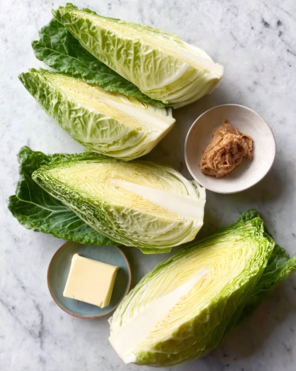 Four wedges of light green cabbage with pale yellow centers are arranged on a white marbled surface. A small white bowl holds a square piece of pale yellow butter and a brown dollop of paste, placed near the cabbage wedges. The cabbage leaves have a crisp texture with more vibrant green outer leaves. Photo taken with an iphone --ar 4:5 --v 7