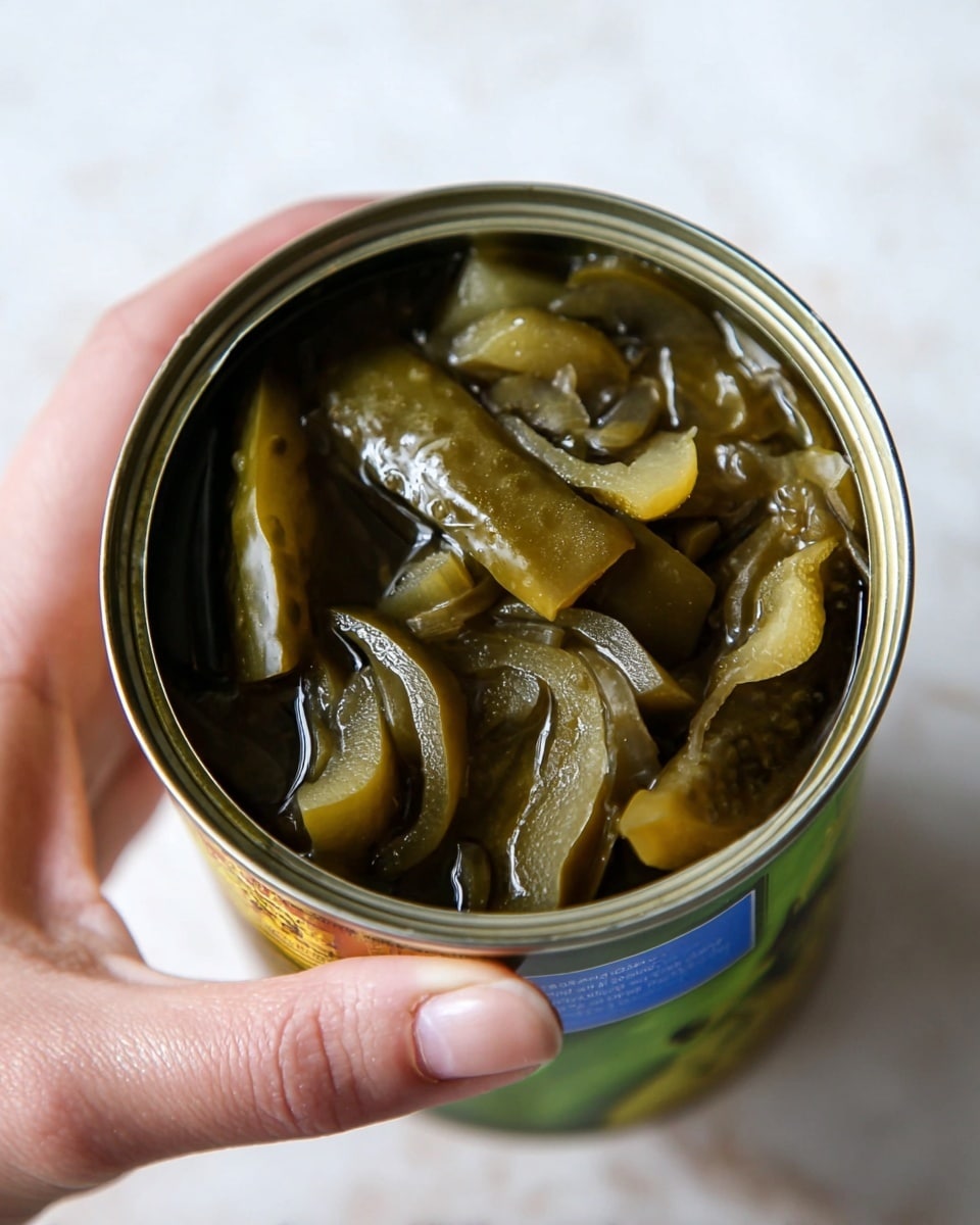The image shows an open can held by a woman's hand, filled with dark green sliced pickles soaked in a shiny liquid. The pickles have a slightly wrinkled texture and vary in size, with some pieces curved and others straight, all sitting closely together inside the metal can with a silver rim. The background is a white marbled texture. photo taken with an iphone --ar 4:5 --v 7