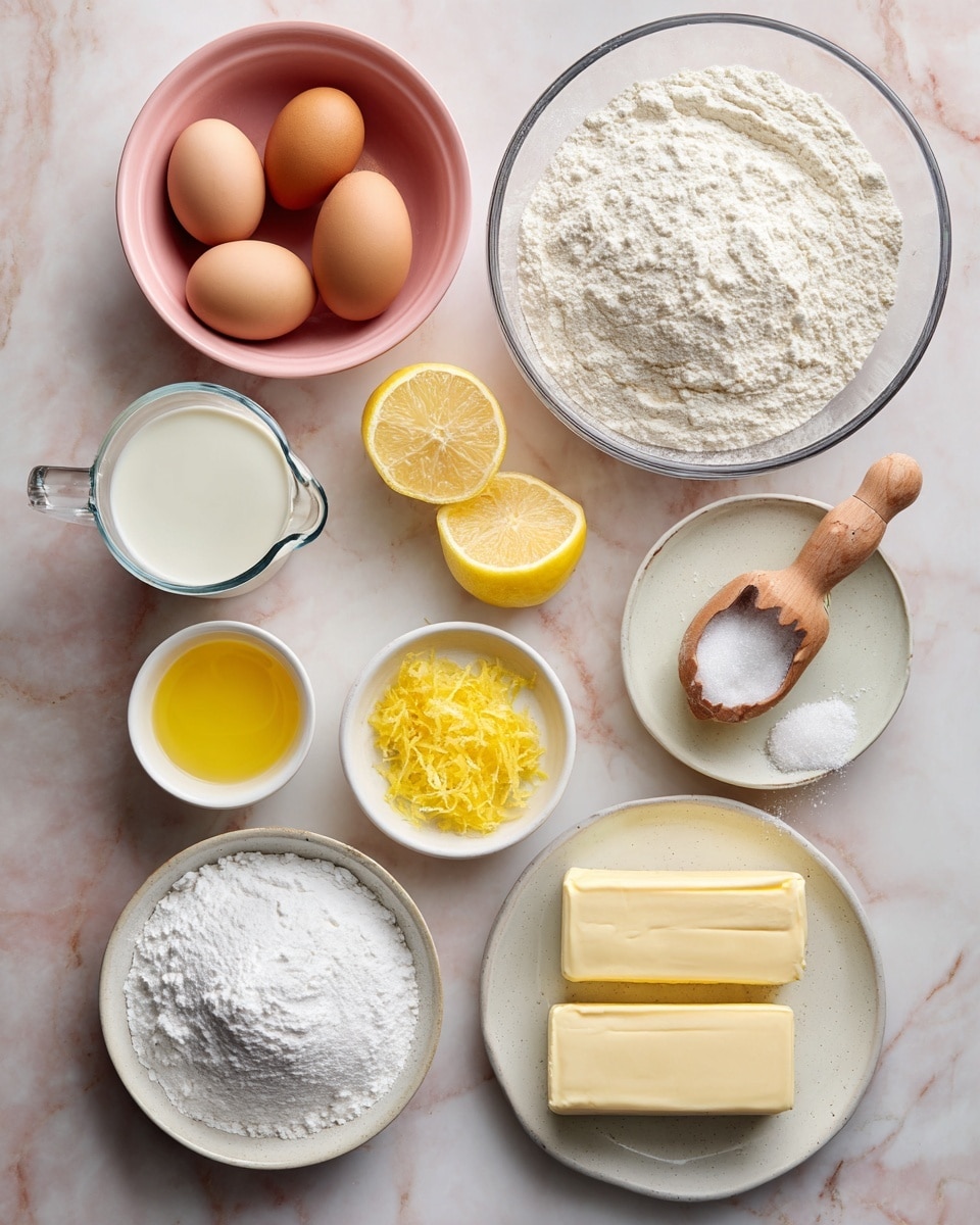 The image shows baking ingredients arranged neatly on a white marbled surface. There is a clear glass bowl filled with white flour positioned on the right side. To its left, a pink bowl contains three brown eggs. Below the eggs, a small white bowl holds two lemon halves and a wooden lemon juicer placed inside. Below that, a small white bowl has bright yellow lemon zest. Next to the zest, there is a small white bowl with lemon juice. Moving further left, there is a clear glass measuring cup filled with milk. A larger pink bowl filled with white granulated sugar is placed near the bottom center. To the right, there is a speckled white plate holding white baking powders. At the bottom, sticks of pale yellow butter lay partially unwrapped next to a block of cream cheese, also half unwrapped. The whole setup is bright, clean, and organized for baking preparation. Photo taken with an iphone --ar 4:5 --v 7