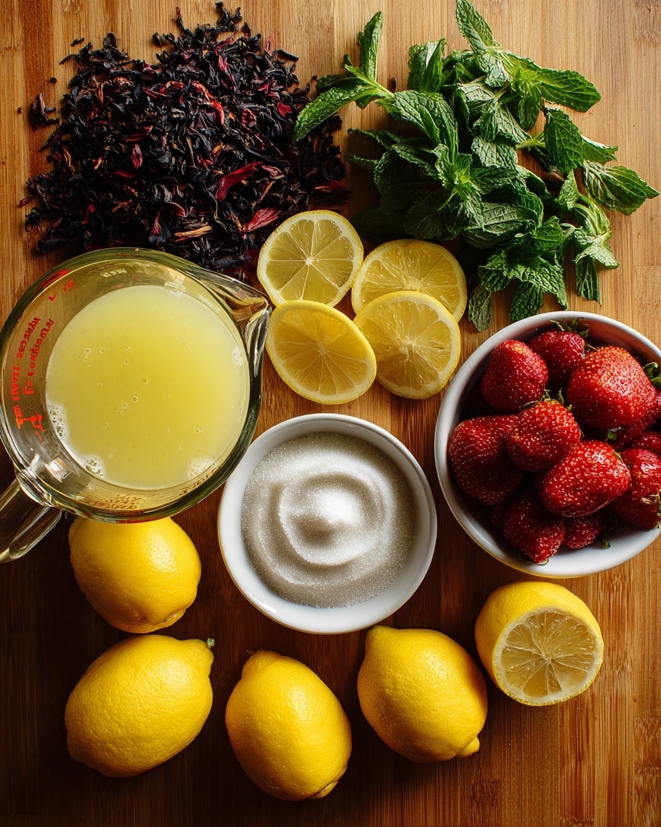 The image shows a colorful arrangement of ingredients on a wooden surface, including a pile of dark, dried hibiscus petals on the top left, bright green fresh mint leaves on the top right, and many shiny red strawberries both loose and in a white bowl at the bottom right. Scattered around the center and bottom left are many bright yellow, hollowed-out lemon halves. In the bottom center, there is a glass measuring cup filled with pale yellow lemon juice, next to a white bowl filled with a spiral pattern of white granulated sugar. The whole scene is on a wooden surface with a warm tone. photo taken with an iphone --ar 4:5 --v 7