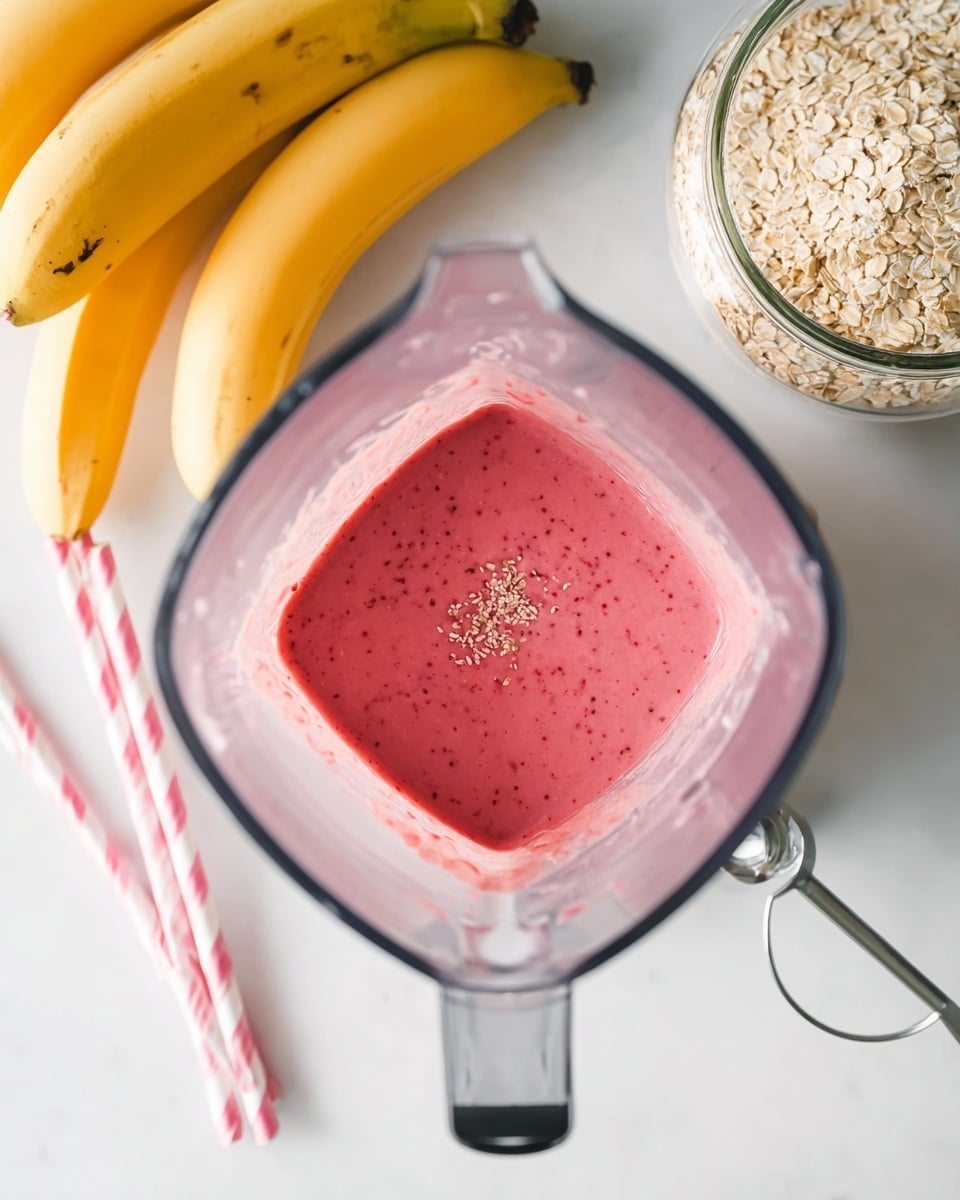 A clear blender container holds a thick pink smoothie with tiny dark specks, filling about one-third of the container, placed on a white marbled surface. To the top left, a bunch of ripe yellow bananas sit, showing their smooth texture and small green tips. To the top right, there is a clear glass jar filled with light beige oats, with a silver measuring spoon resting inside. Two pink and white striped straws lay diagonally on the left side, partially in the frame. The whole setup is bright and clean, with soft natural light highlighting the colors and textures. photo taken with an iphone --ar 4:5 --v 7