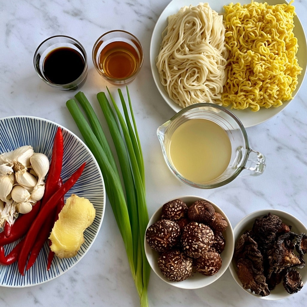 The image shows ingredients for a ramen dish laid out on a white marbled surface. There is a white plate in the top right with two types of ramen noodles, fresh noodles are cream-colored and smooth, positioned on the left side of the plate, while the instant noodles are yellow and curly, positioned on the right. Below the noodles, a clear glass measuring cup holds pale yellow chicken stock, with a glass pitcher shape. To the left of this, a white plate with blue stripes holds several garlic cloves that are off-white with papery skins, several long red chili peppers, and a chunk of light yellow ginger. Three long bright green scallions lay diagonally across the middle of the image. Above the scallions, two small clear glasses contain dark brown light soy sauce and amber mirin. To the right of the chicken stock are two white bowls, one filled with fresh shiitake mushrooms, dark brown and slightly textured with light spots, and the other bowl with dried shiitake mushrooms, which are darker and wrinkled. The text labels each ingredient. Photo taken with an iphone --ar 4:5 --v 7