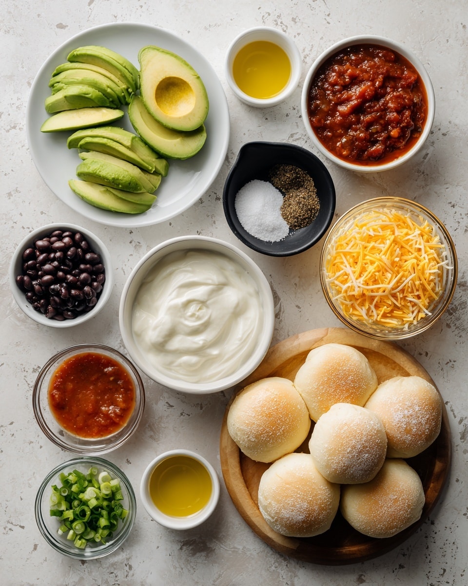 A white marbled surface holds a top-down view of various food ingredients arranged neatly. In the top left is a white plate with several slices of green avocado. To its right, a white cup filled with chunky red salsa sits next to a small black bowl filled with smooth white sour cream. Below the avocado plate is a small white bowl with salt and black pepper. To its right is another white cup filled with yellow oil, next to a black measuring cup heaped with shredded orange cheddar cheese. At the bottom right is a wooden plate holding four soft, round bread rolls dusted with white flour. Below the plate is a clear measuring cup with dark black beans, and nearby in a small white bowl are light green chopped scallions. Other small containers hold various orange and red sauces, along with beaten eggs in a clear bowl, all laid out on the white marbled background. Photo taken with an iphone --ar 4:5 --v 7
