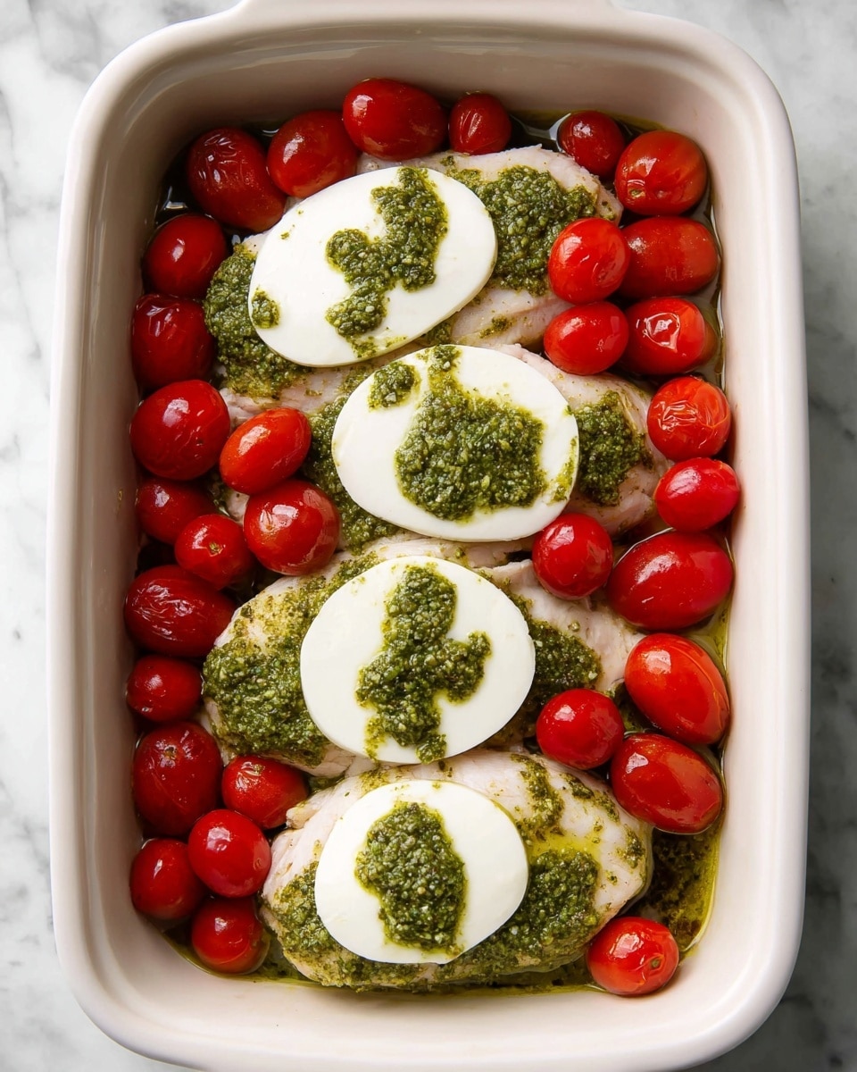 In a white ceramic dish on a white marbled surface, there are three pieces of raw chicken covered with green pesto sauce, arranged in the bottom layer. On top of the chicken, there are four thick slices of white mozzarella cheese, each with dollops of pesto on them. Scattered around the dish and between the chicken and cheese are many small, shiny, red cherry tomatoes. The dish has a fresh, colorful, and layered look with green, white, and red tones. Photo taken with an iphone --ar 4:5 --v 7