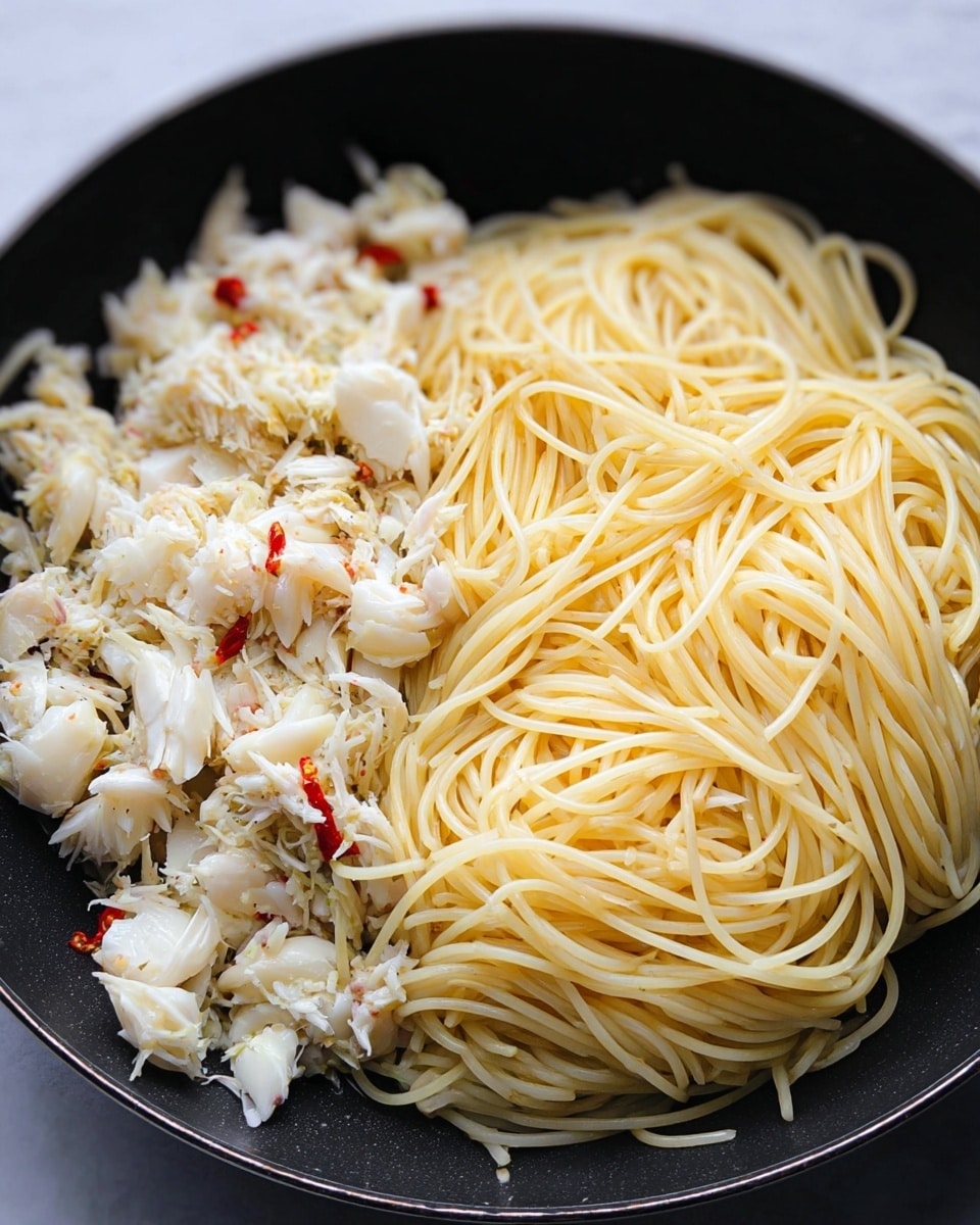 A black pan holds two main layers: on the left and bottom side, there are small pieces of white crab meat cooked with bits of light yellow garlic and small red chili slices in oil, showing a shiny surface; on the right and top side, a pile of plain cooked spaghetti with pale yellow color rests loosely, its strands smooth and slightly glossy. The black pan contrasts with the light colors of the food, and the background is a white marbled texture. photo taken with an iphone --ar 4:5 --v 7