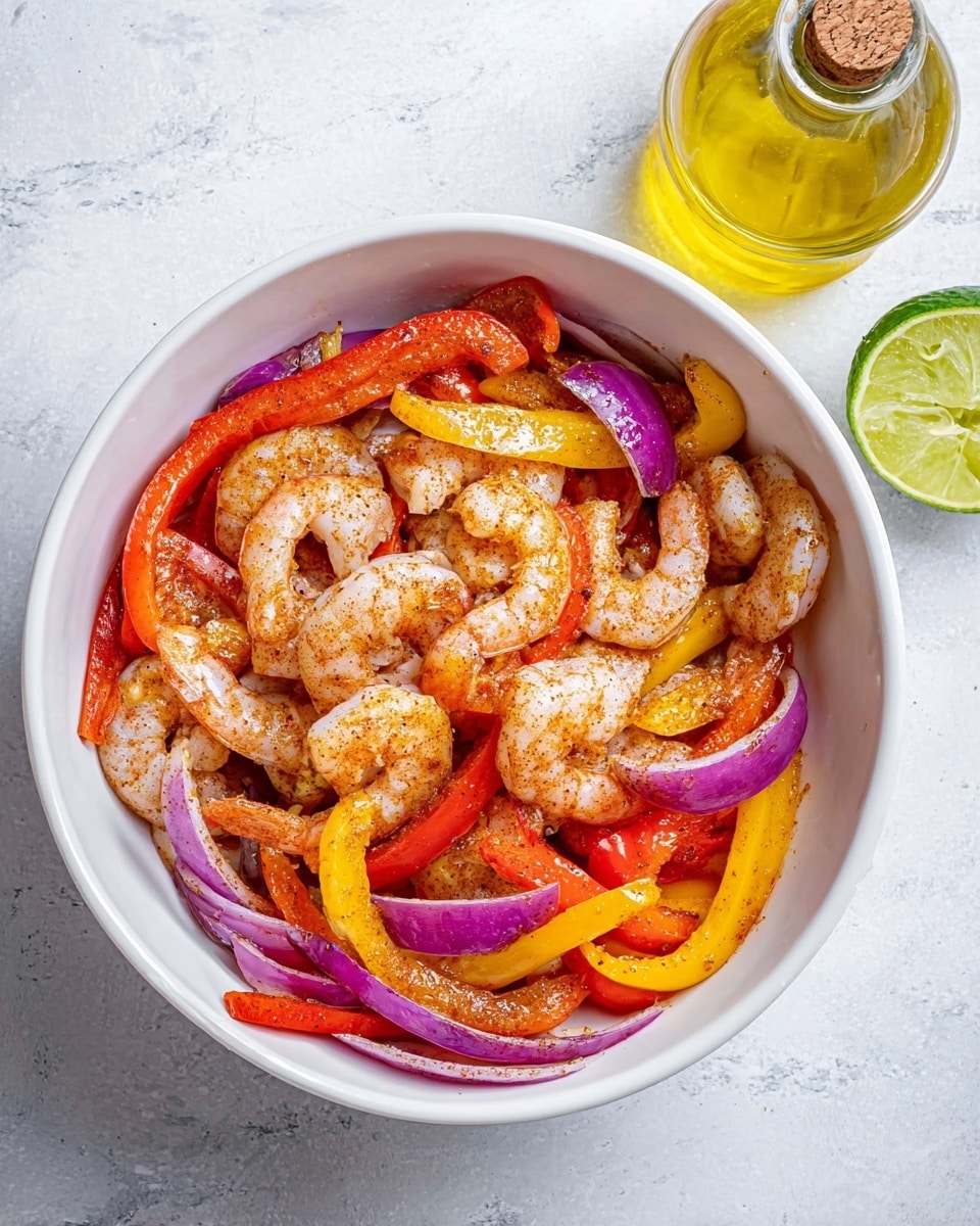 A white bowl filled with raw shrimp mixed with three layers of sliced vegetables: bright red bell peppers, deep purple onions, and yellow bell peppers. The shrimp and vegetables are coated lightly with a brownish-orange seasoning, giving a slightly shiny and textured look. The bowl rests on a white marbled surface, and near it is a clear glass bottle of yellow oil with a cork and a lime. photo taken with an iphone --ar 4:5 --v 7