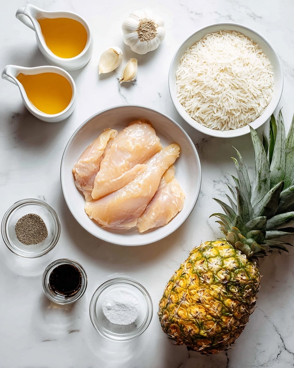 The image shows a white bowl filled with four raw chicken strips placed on a white marbled surface. To the top left of the bowl are two small white pouring cups, one filled with a golden liquid and the other with a honey-colored liquid. Above the bowl, a small cluster of garlic cloves rests on the surface. To the right of the chicken bowl, there is another white bowl filled with uncooked white rice. Next to this bowl is a clear glass jar with a dark sauce inside. On the bottom part of the image, there are two small glass containers, one with black pepper and the other with salt, along with a small glass jar of white liquid, possibly coconut milk. To the far right of the image, a whole pineapple with green leaves is placed on the white marbled surface. The overall tone is bright and clean, with a focus on fresh ingredients. photo taken with an iphone --ar 4:5 --v 7