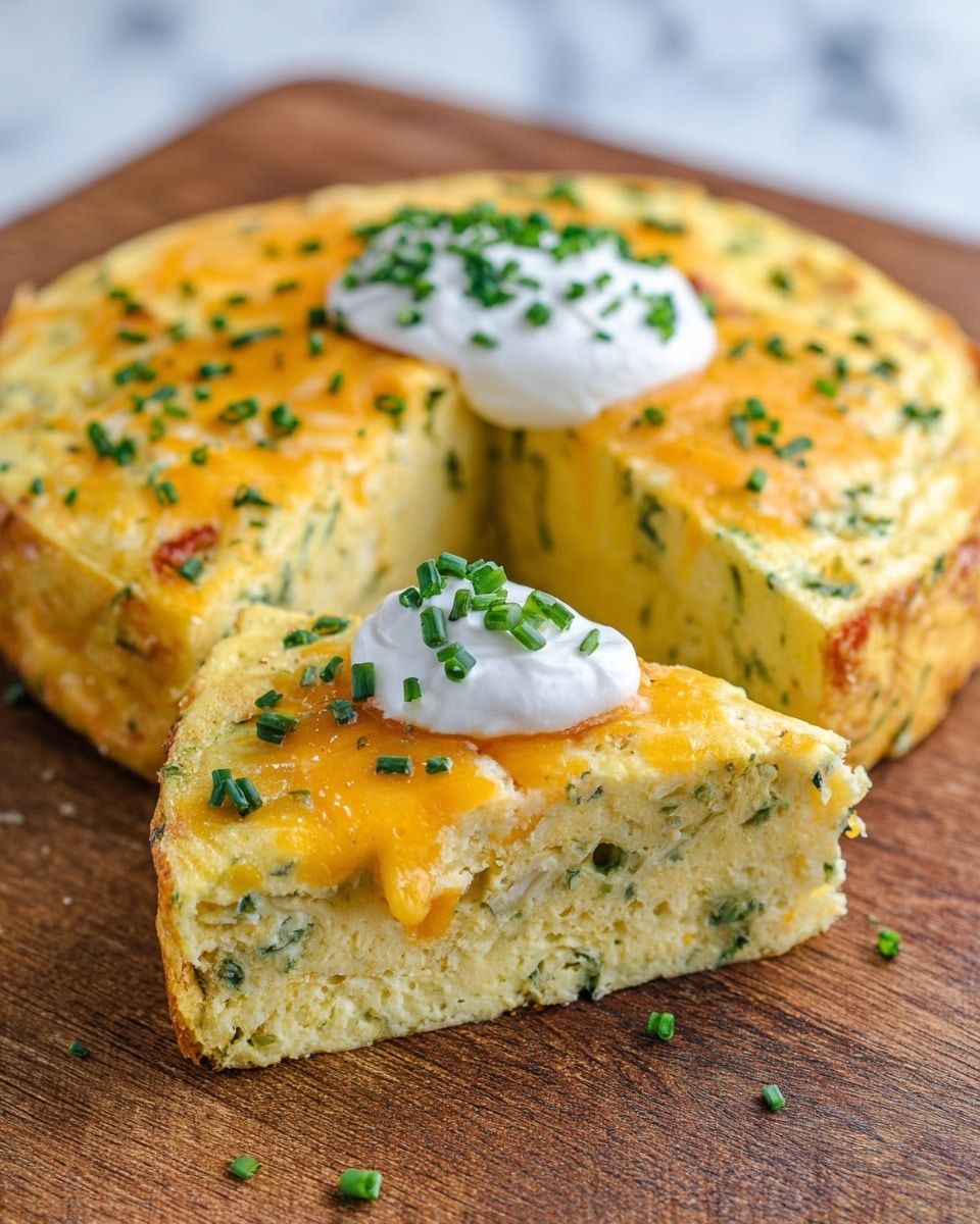 A thick, round yellow egg dish with visible green herbs mixed inside, having one slice cut out in front showing its dense, fluffy texture. The top layer has melted orange cheese and a dollop of white sour cream garnished with chopped green chives, while the slice also has the same cheese and sour cream with chives on top. The dish sits on a wooden surface with a white marbled texture background. photo taken with an iphone --ar 4:5 --v 7