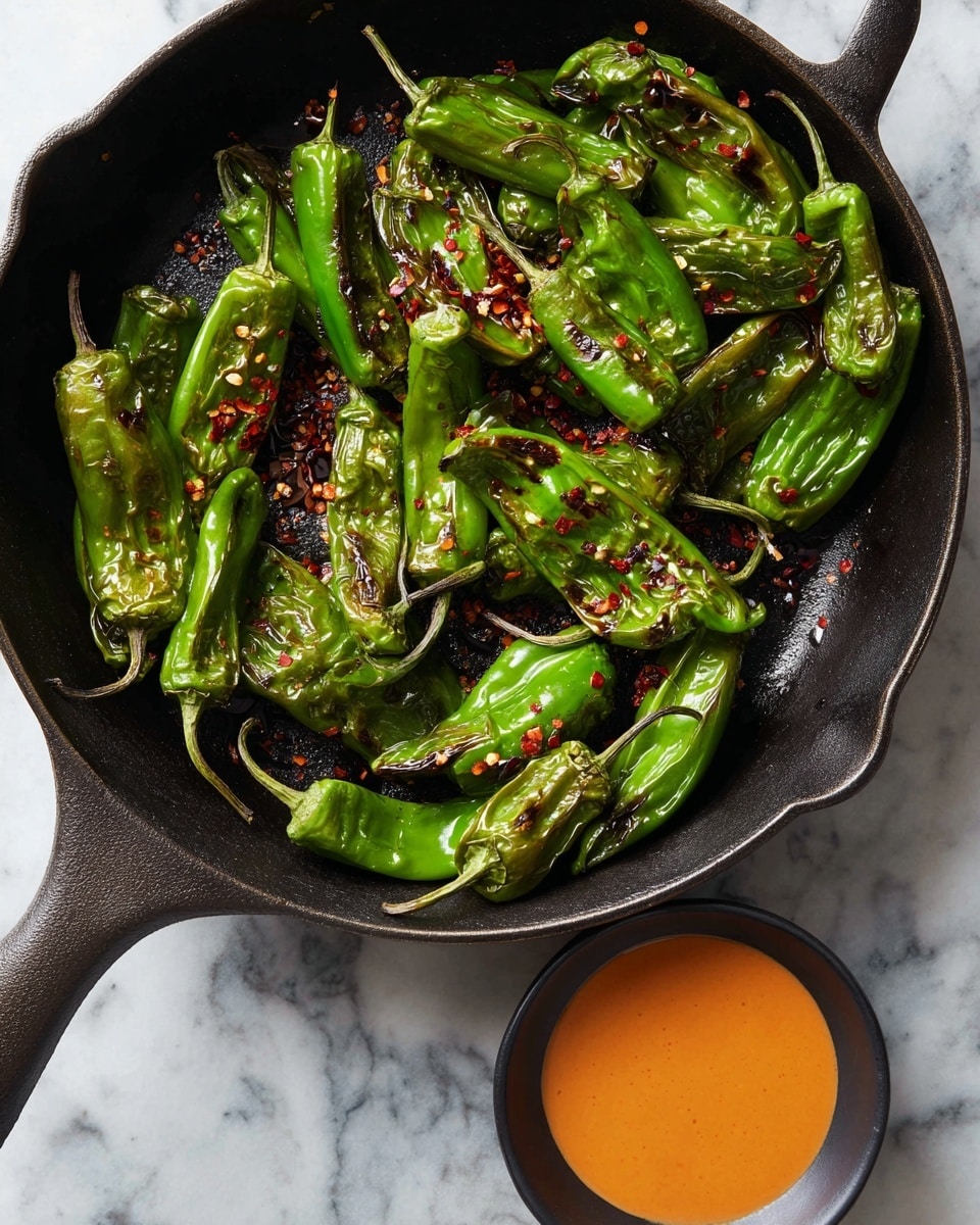 A black cast iron pan holds about twenty shiny, roasted green peppers with a few charred spots and folds, sprinkled lightly with red chili flakes. Below the pan, a small black bowl is filled with smooth, bright orange sauce. The scene sits on a white marbled surface, showing a cozy, rustic meal setting. photo taken with an iphone --ar 4:5 --v 7
