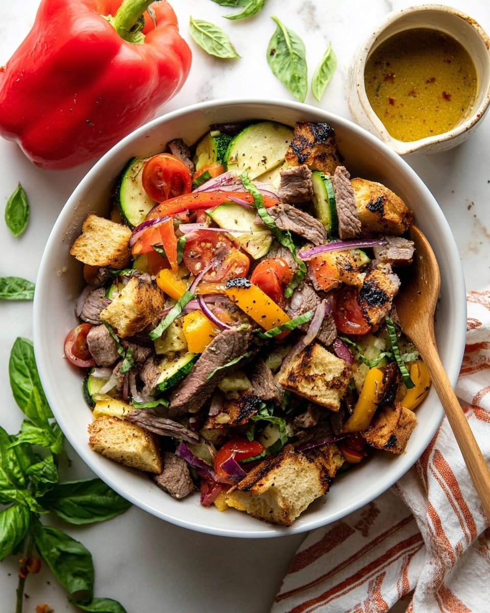 A white bowl holds a colorful salad with six visible layers arranged side by side. Starting from the top left, there are thin slices of pinkish-red roasted meat with mustard seed dressing, followed by bright yellow and orange roasted bell pepper pieces. Next to the peppers is a pile of sliced cucumber rounds seasoned with black pepper. Beside the cucumber are thin, purple onion strips. The next layer shows golden brown, toasted croutons with a crispy texture. Finally, at the bottom left, there are fresh red tomato chunks alongside chopped green basil leaves. The bowl sits on a white marbled surface with a white cup of mustard dressing and half a cucumber on a wooden board, and a red bell pepper with basil leaves nearby. Photo taken with an iphone --ar 4:5 --v 7