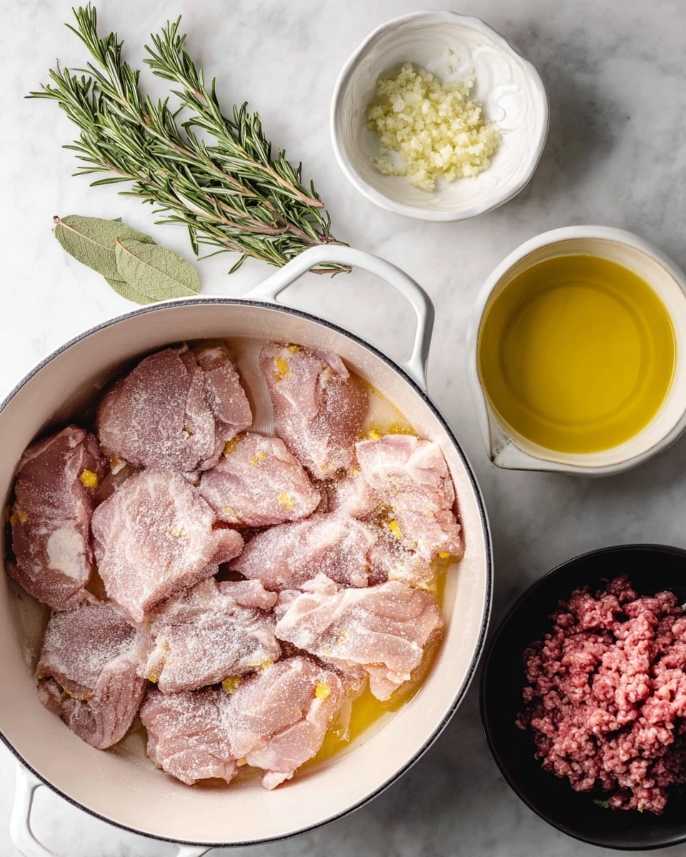 A white pot filled with raw pieces of meat dusted with a light layer of flour, showing soft pink and pale tones with some yellow fat spots, inside with a bit of oil at the bottom; above and to the left are fresh green rosemary sprigs and a small white bowl with minced garlic, while on the right side, there is a measuring cup with golden yellow oil and a black bowl holding raw ground meat in pinkish-red color, all placed on a white marbled surface photo taken with an iphone --ar 4:5 --v 7