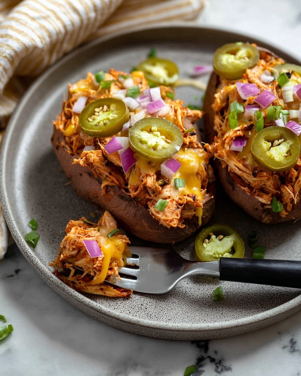 Two baked sweet potatoes sit on a large white plate with a gray texture, each cut open and filled with layers of shredded orange and brown chicken mixed with melted yellow cheese. On top of the filling are slices of green jalapeno peppers, small cubes of light purple onion, and bits of green herb scattered around. A fork with a black handle lifts some of the filling from the sweet potato at the front. The background shows a white marbled surface with a beige and white striped cloth at the edge. photo taken with an iphone --ar 4:5 --v 7