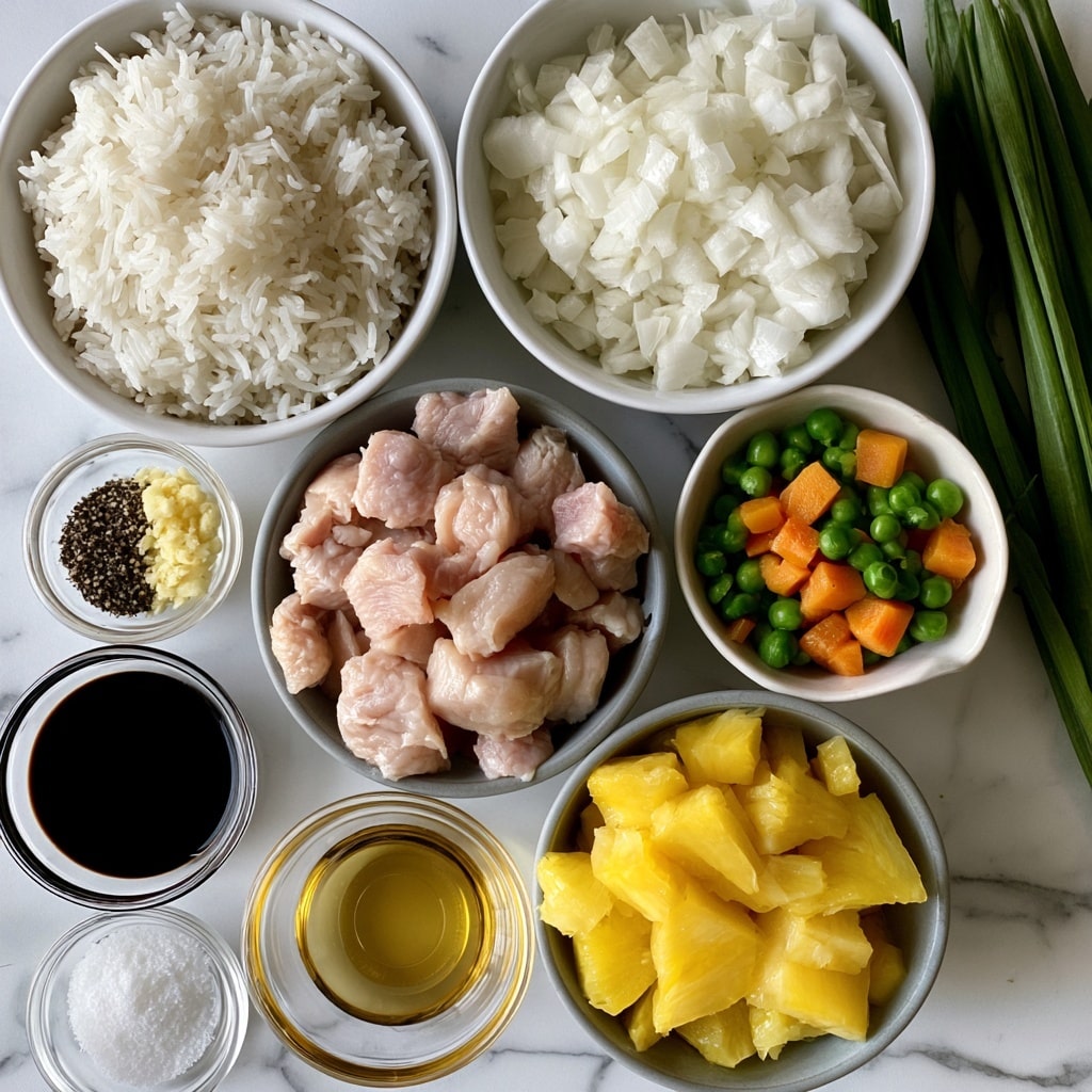 A top view of multiple small white bowls and clear glass bowls arranged on a white marbled surface, each holding different ingredients: one white bowl filled with white rice, another with chopped white onion, a gray bowl with chunks of light pink chicken, a gray bowl containing bright yellow pineapple pieces, a gray bowl with green peas and orange carrots, a small white bowl with minced ginger and garlic, a small glass bowl with dark soy sauce, another with dark oyster sauce, one with golden sesame oil, one with clear oil, a tiny glass bowl of white salt, and another tiny glass bowl of black pepper. Green onions lay to the right side. Photo taken with an iphone --ar 4:5 --v 7