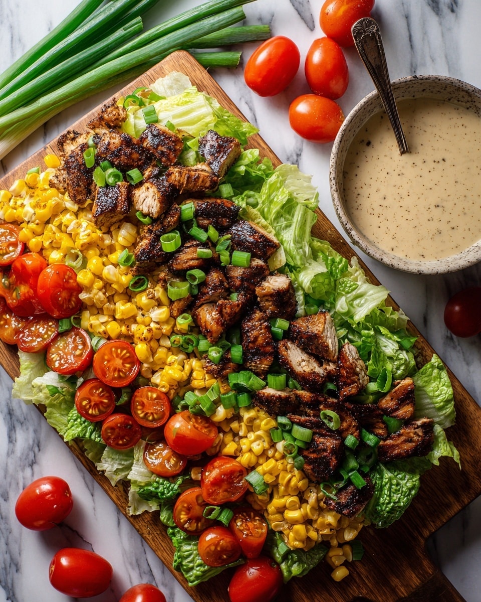 A wooden board on a white marbled surface holds a colorful salad made of chopped green lettuce as the base layer, topped with grilled dark brown chicken pieces and small slices of charred yellow corn. Scattered on top are halved red cherry tomatoes and chopped green onions. To the top right of the board, there is a small bowl of creamy light tan dressing with visible spices and a spoon inside. Fresh green onions and whole cherry tomatoes surround the board. Photo taken with an iphone --ar 4:5 --v 7