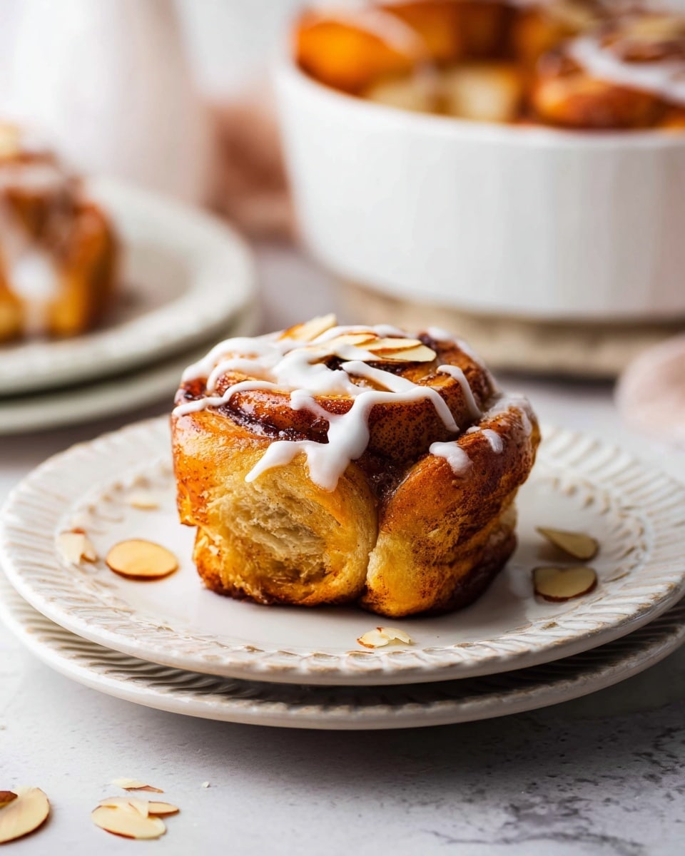 A single cinnamon roll sits on a small white plate with a decorative edge, placed on top of a larger white plate with a similar design. The cinnamon roll has multiple golden brown layers swirled together, with a slightly crisp outer texture and a soft inside. White icing is drizzled in thick lines across the top of the roll. Around the plate, there are a few thin almond slices scattered. In the blurry background, a white bowl filled with more cinnamon rolls is partially visible, all set on a white marbled surface. photo taken with an iphone --ar 4:5 --v 7