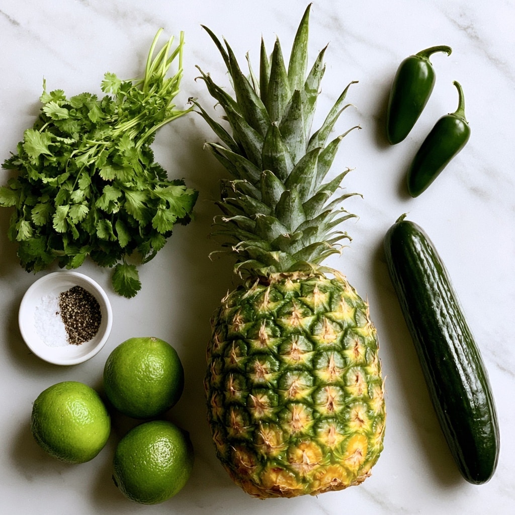 The image shows fresh ingredients laid out on a white marbled surface, including a large ripe pineapple with green and yellow skin and spiky leaves in the center. To the left of the pineapple is a bunch of bright green cilantro with leafy texture, two whole green limes with smooth skin, and a small white dish holding salt and black pepper. On the right side, there is a long dark green Persian cucumber with a shiny skin placed horizontally, and above it are two small smooth jalapeno peppers in dark green. photo taken with an iphone --ar 4:5 --v 7