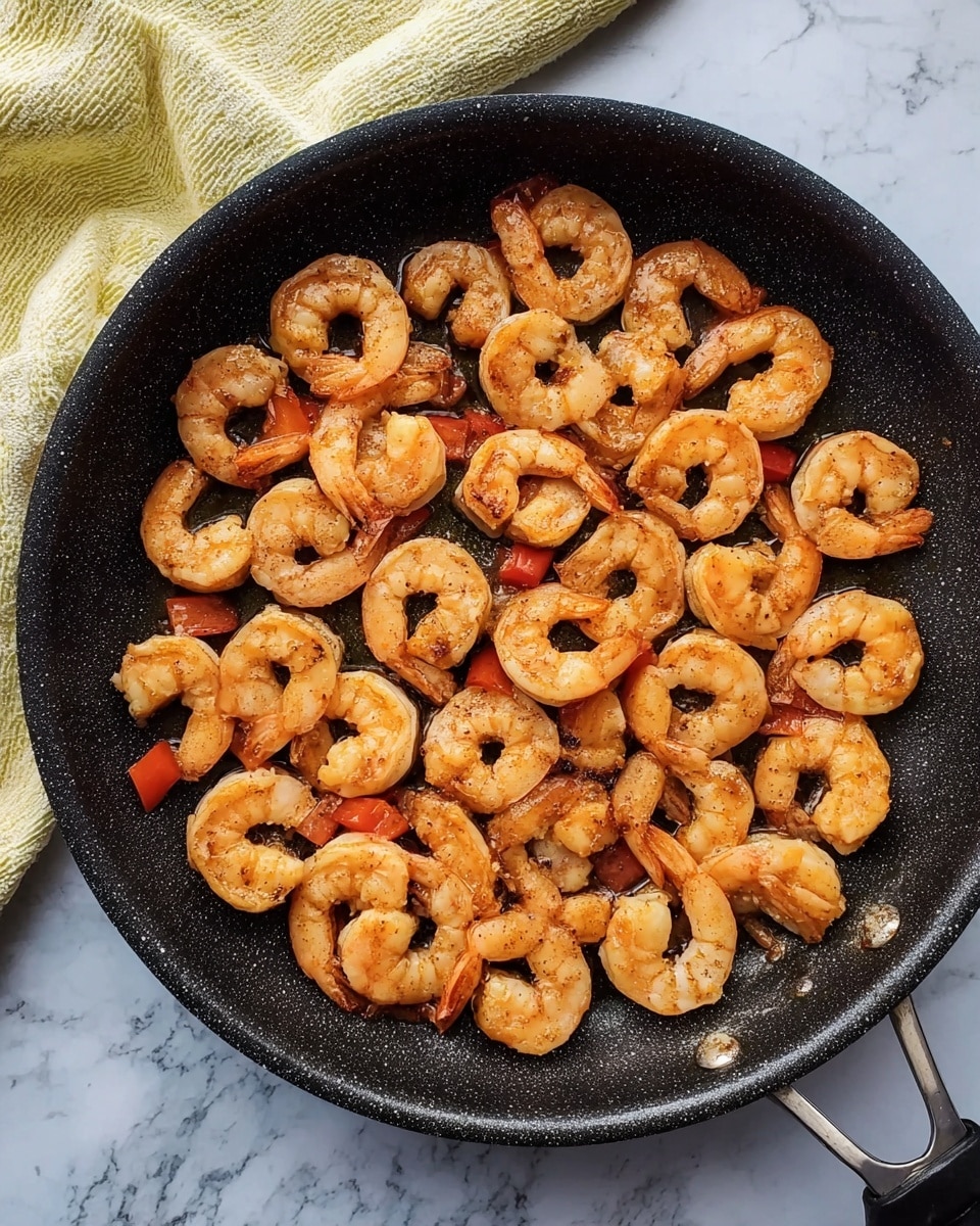 A black frying pan filled with one layer of cooked shrimp arranged to cover the whole pan, each shrimp orange with a slightly browned texture from cooking, topped with small pieces of red bell pepper evenly spread over the shrimp. The pan rests on a white marbled surface with a yellow and white cloth visible in the upper left corner. Photo taken with an iphone --ar 4:5 --v 7