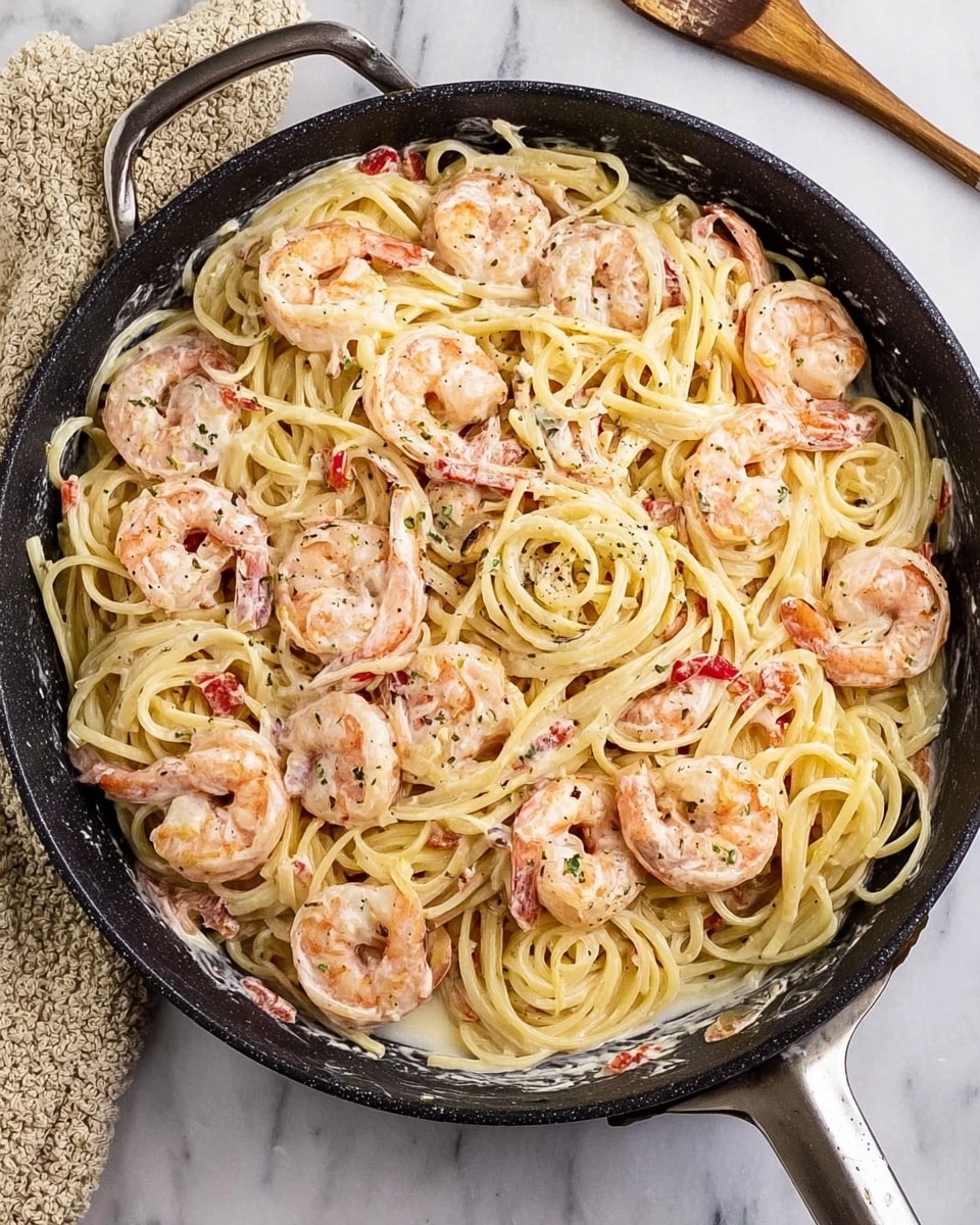 A black pan filled with creamy pasta and shrimp. The pasta is light yellow and long, mixed evenly through the pan. Large pink shrimp are spread on top and mixed inside, with small red pepper pieces visible throughout. The sauce is creamy white and coats the pasta and shrimp smoothly. The pan rests on a white marbled surface with a beige textured cloth on the left side. Photo taken with an iphone --ar 4:5 --v 7