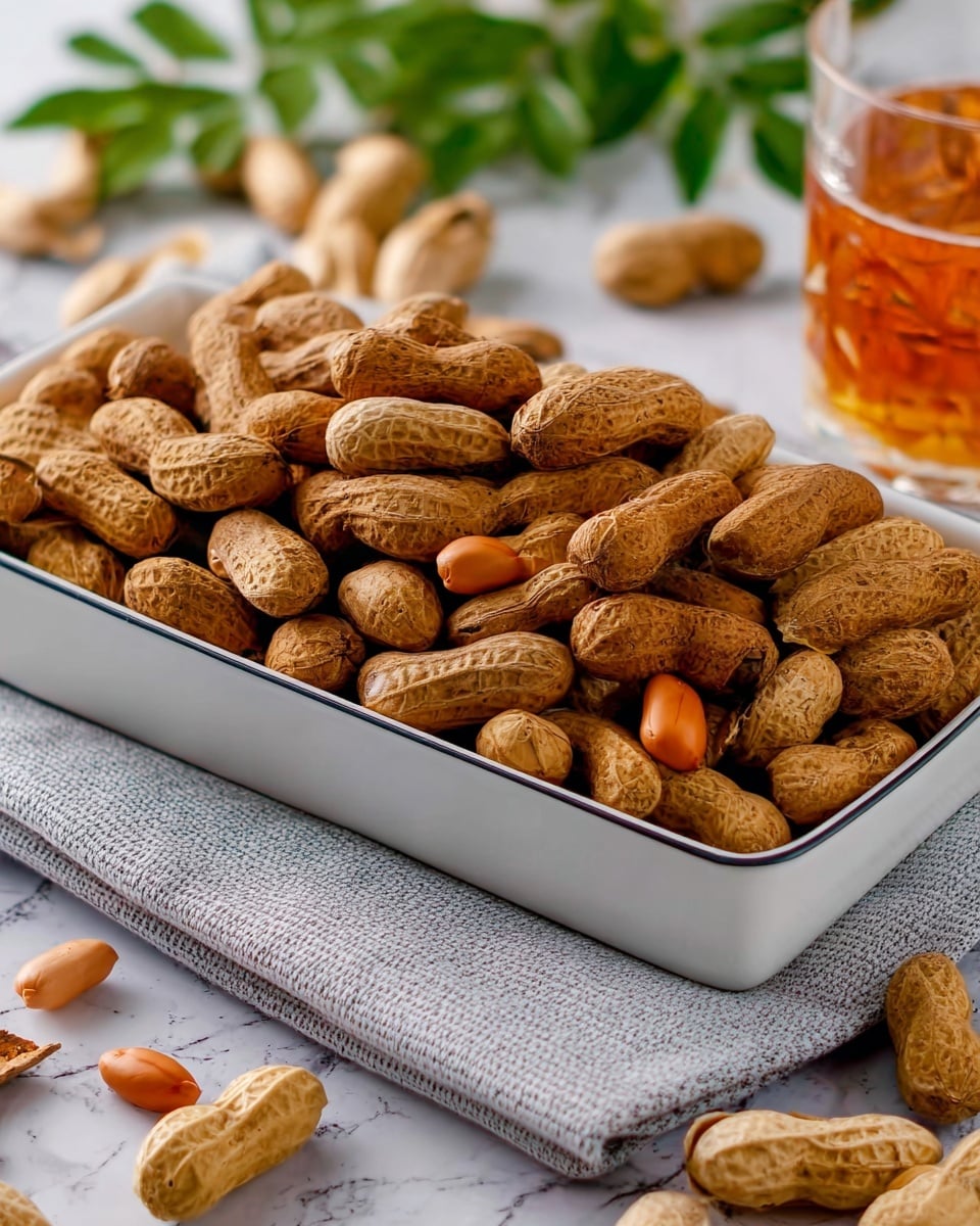 A rectangular white bowl filled with many brown peanuts in their shells, some peanuts are open revealing two orange peanuts inside. The bowl is placed on a light grey textured cloth with a few empty peanut shells around. In the back, there is a blurred glass of amber-colored liquid and some green leaves. The surface beneath everything has a white marbled texture. photo taken with an iphone --ar 4:5 --v 7