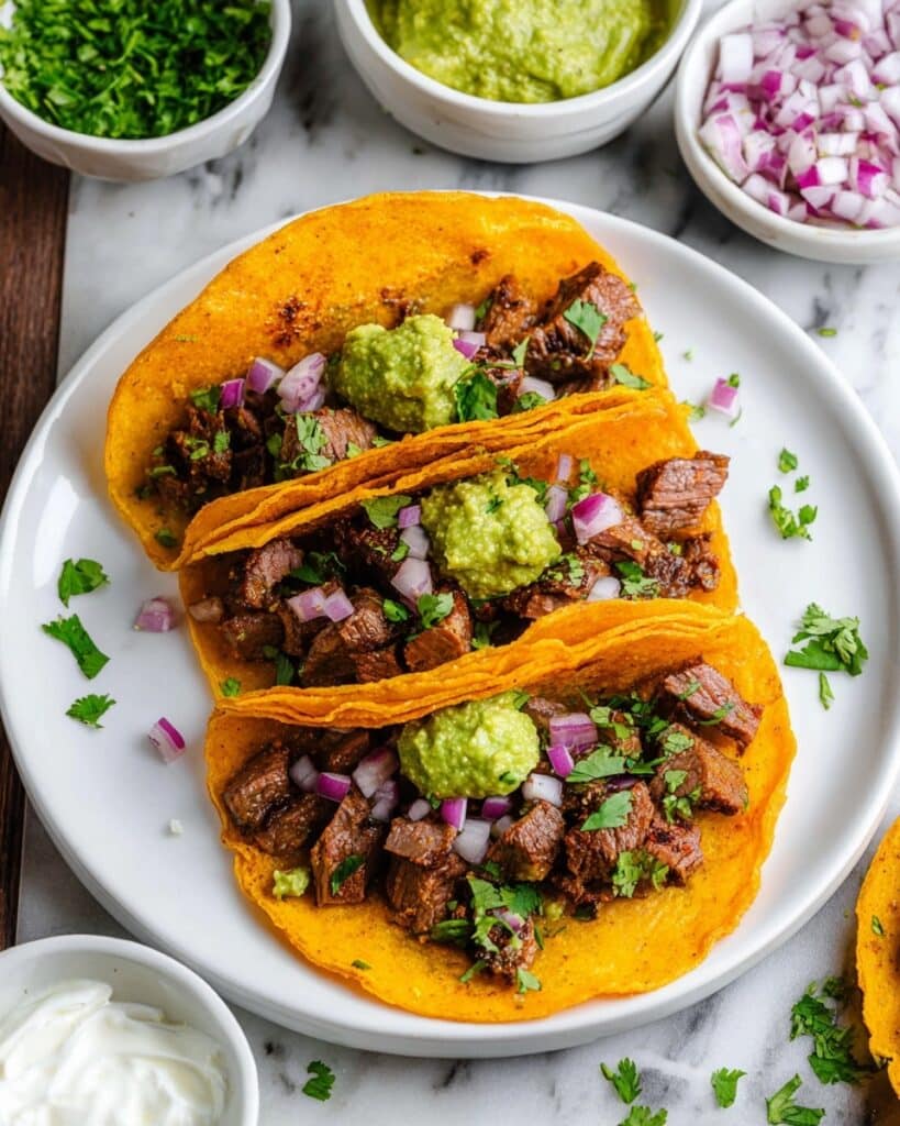 Vampiro Tacos with Marinated Skirt Steak, Poblano Peppers, and Monterey Jack Cheese Recipe