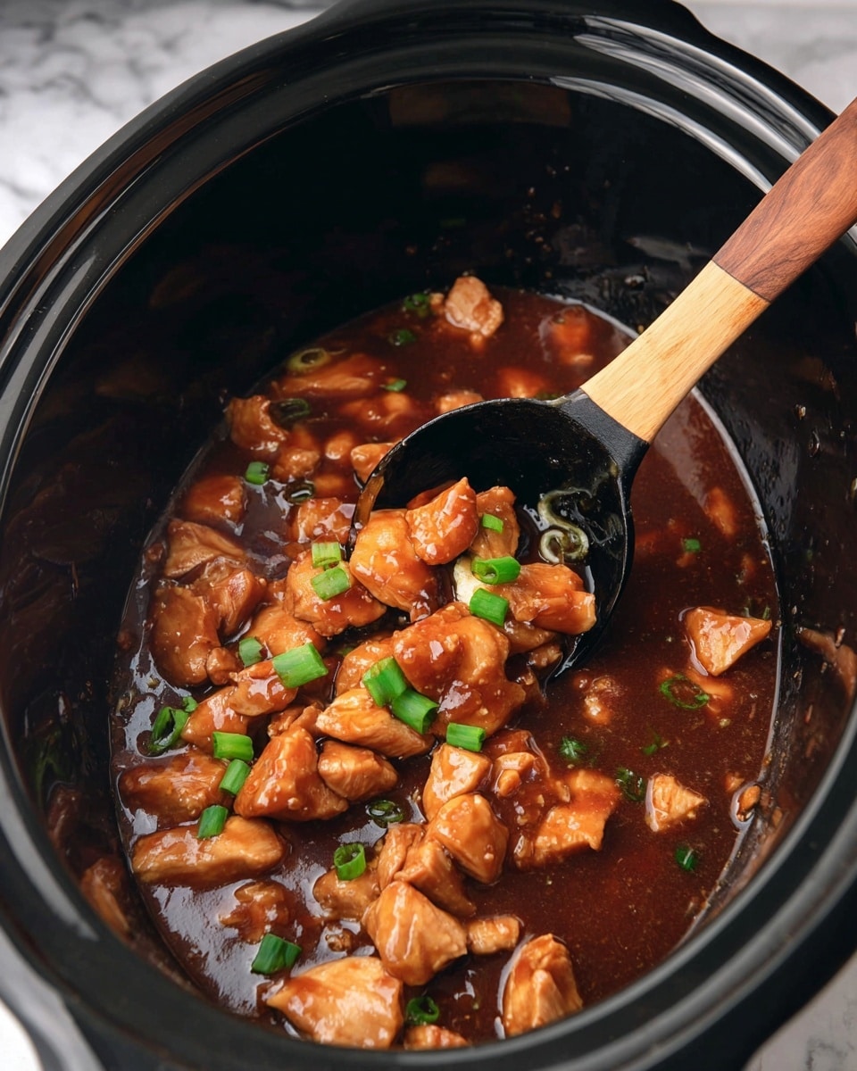 Inside a black slow cooker, there are many shiny brown pieces of cooked chicken in a thick sauce. Some small green pieces of chopped green onions are mixed in. A black spoon with a wooden handle is holding a scoop of the chicken and sauce above the rest. The surface under the cooker is a white marbled texture. photo taken with an iphone --ar 4:5 --v 7