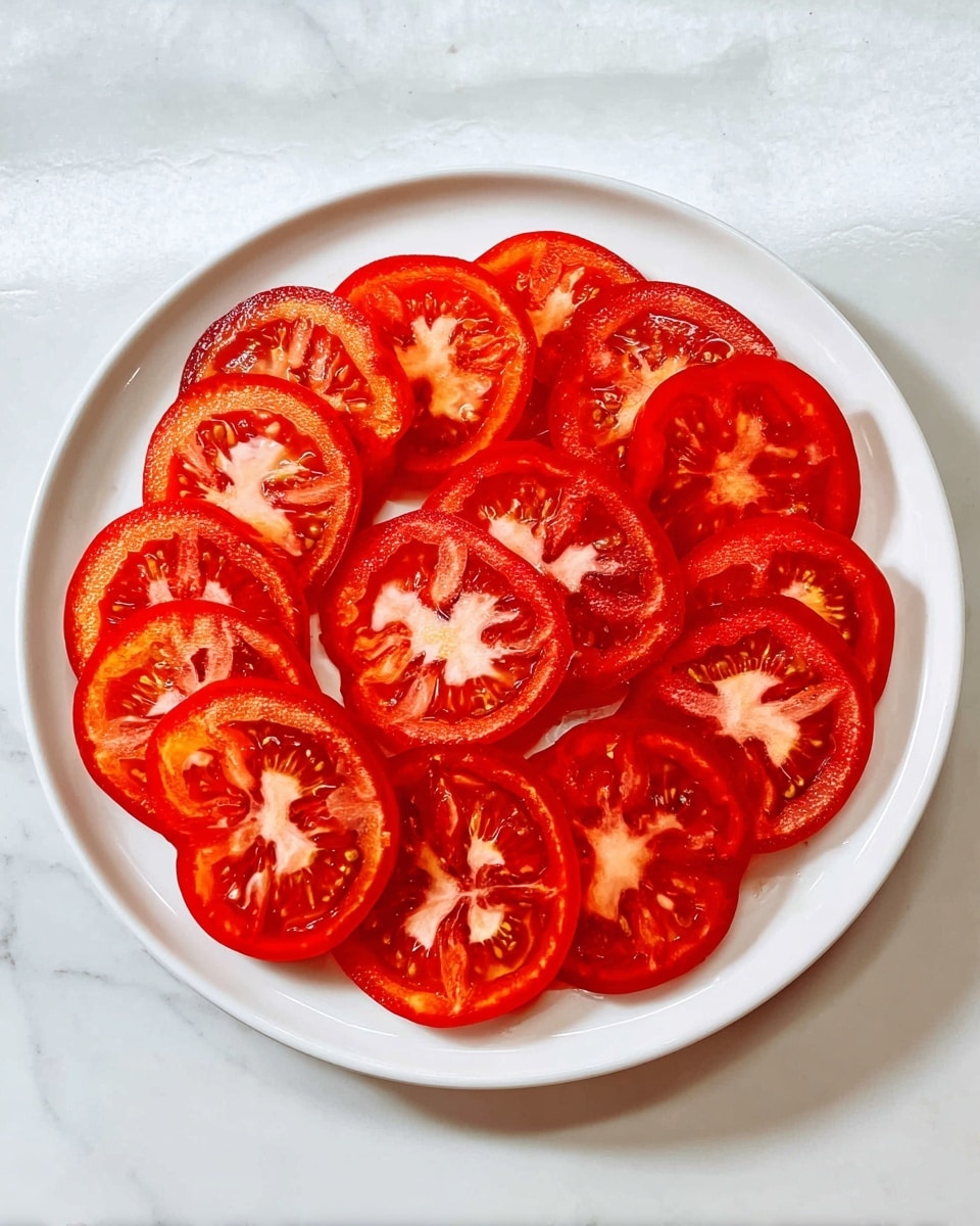 The dish shows a single layer of thin, round tomato slices arranged neatly in a circular pattern on a large white plate. The tomato slices are vibrant red with visible seeds and juicy textures, slightly overlapping each other, forming a full ring around the center of the plate. The plate is placed on a white marbled surface, giving a clean and fresh look to the presentation. photo taken with an iphone --ar 4:5 --v 7